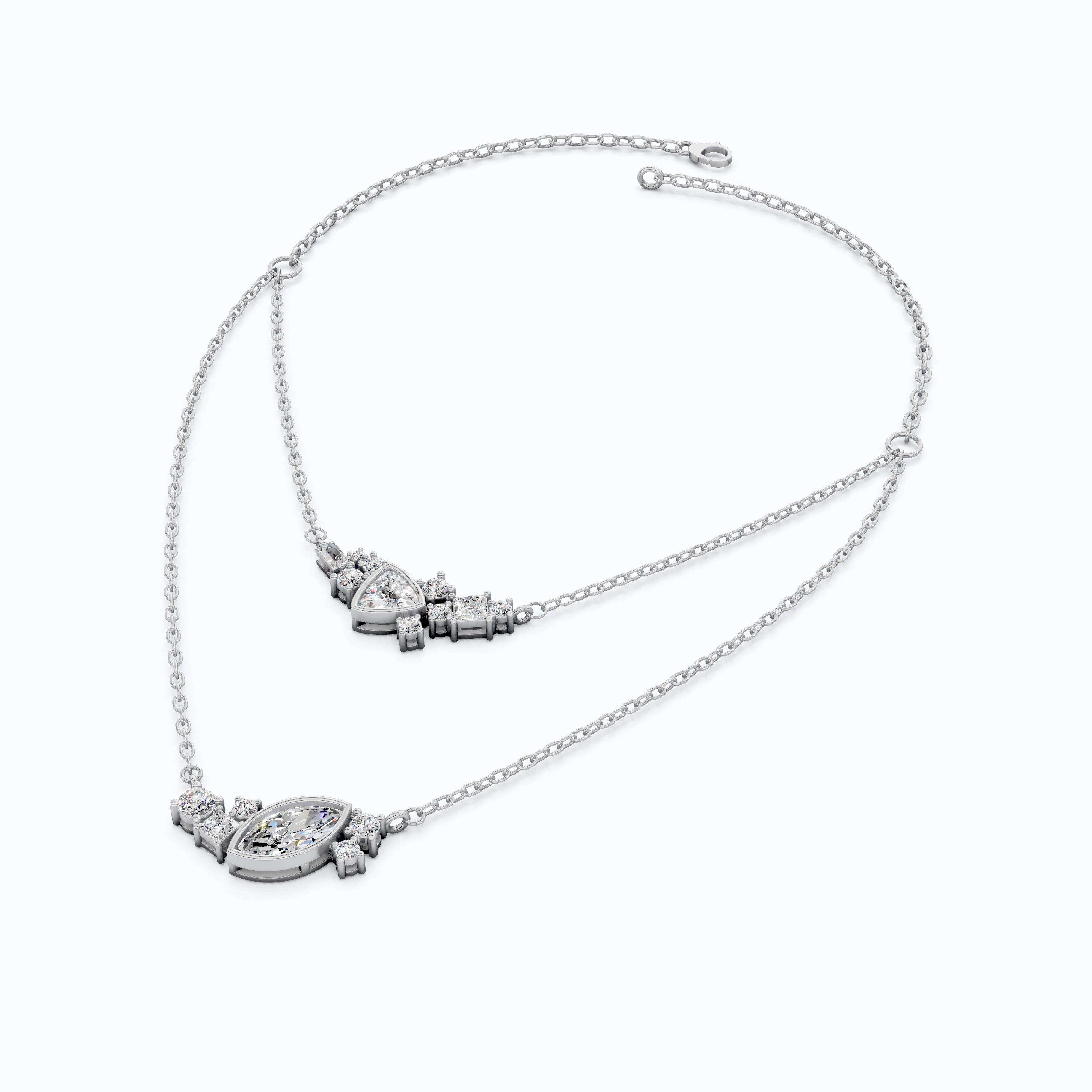 Layered Marquise & Trillion Cluster Wedding Necklace in Lab Diamond – 14k Solid Gold, Handmade Bridal Jewelry, Festival Jewelry