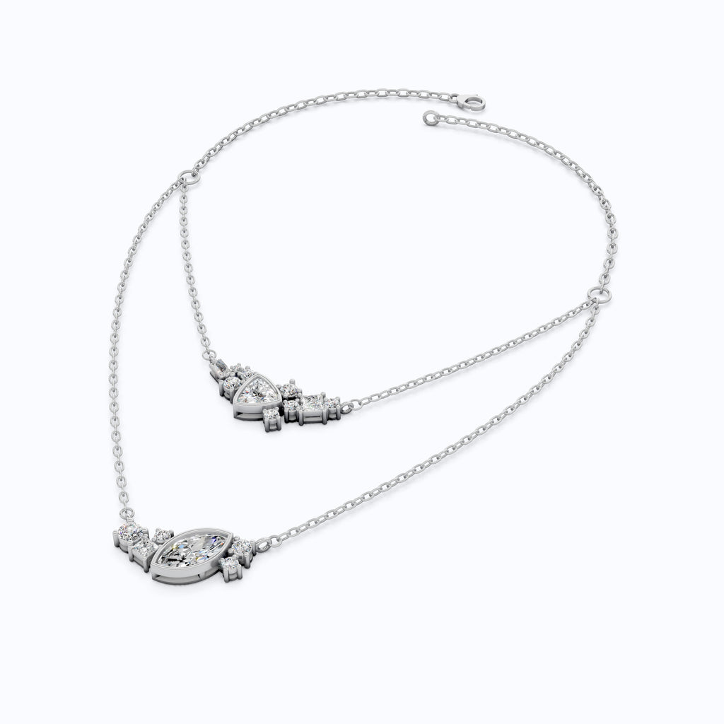 Layered Marquise & Trillion Cluster Wedding Necklace in Lab Diamond – 14k Solid Gold, Handmade Bridal Jewelry, Festival Jewelry