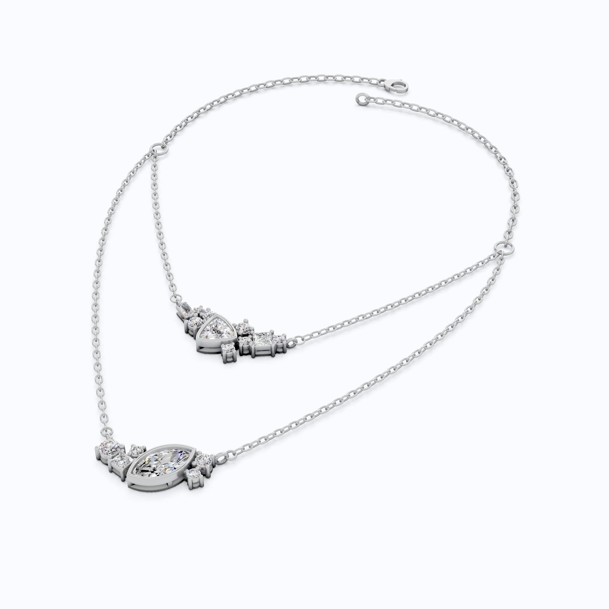 Layered Marquise & Trillion Cluster Wedding Necklace in Lab Diamond – 14k Solid Gold, Handmade Bridal Jewelry, Festival Jewelry