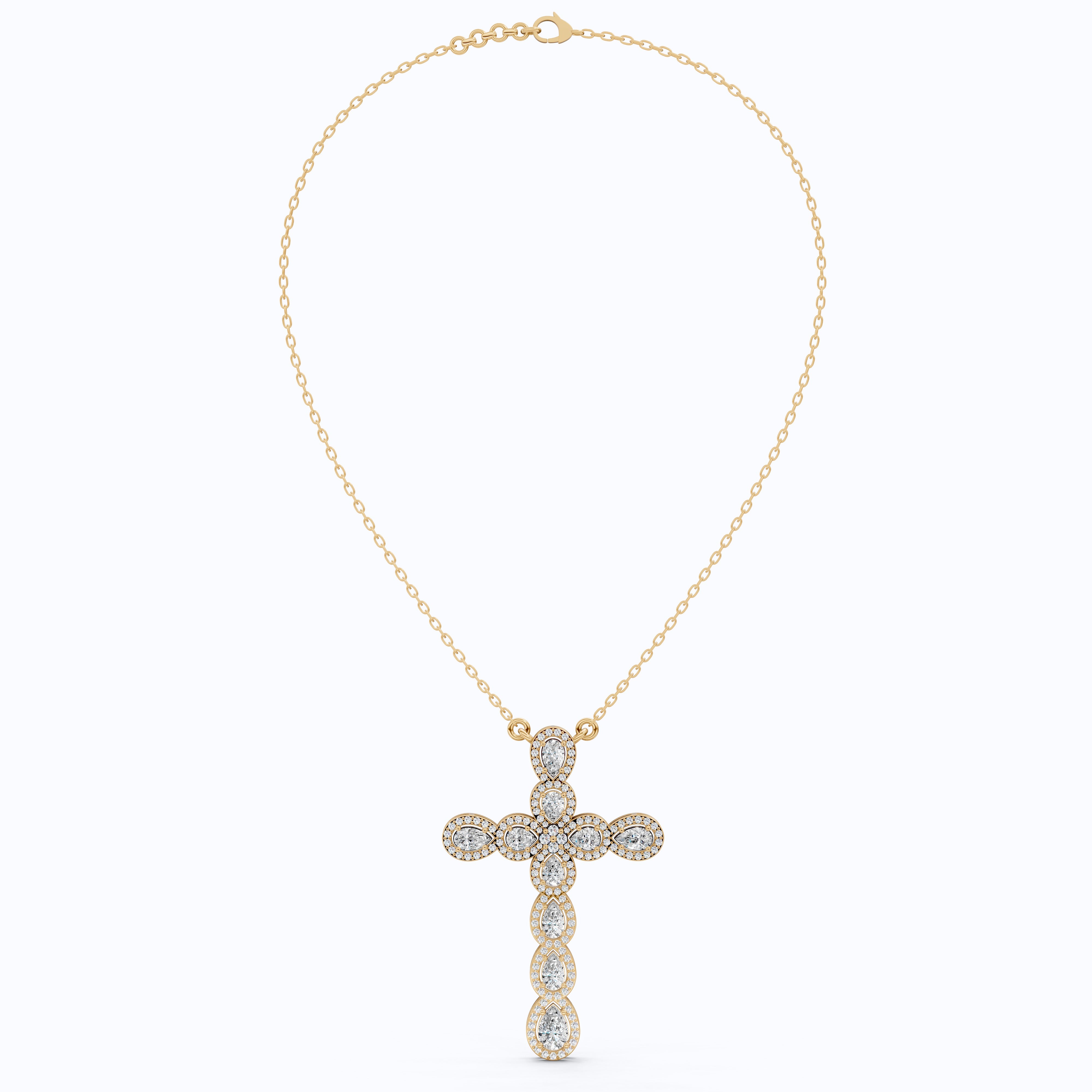Pear & Round Halo Cluster Cross Charm Pendant Necklace in Lab Diamond – 14k Solid Gold, Everyday Jewelry For Women, Handmade Jewelry, Gift for Her