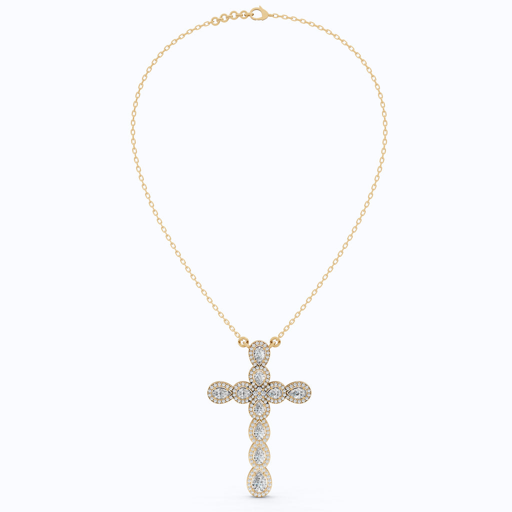 Pear & Round Halo Cluster Cross Charm Pendant Necklace in Lab Diamond – 14k Solid Gold, Everyday Jewelry For Women, Handmade Jewelry, Gift for Her