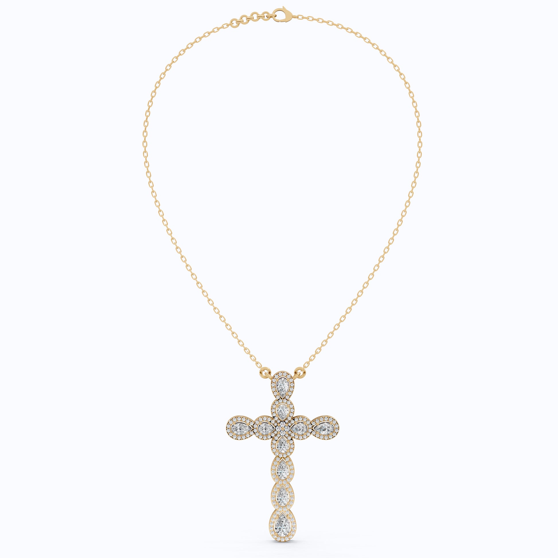 Pear & Round Halo Cluster Cross Charm Pendant Necklace in Lab Diamond – 14k Solid Gold, Everyday Jewelry For Women, Handmade Jewelry, Gift for Her