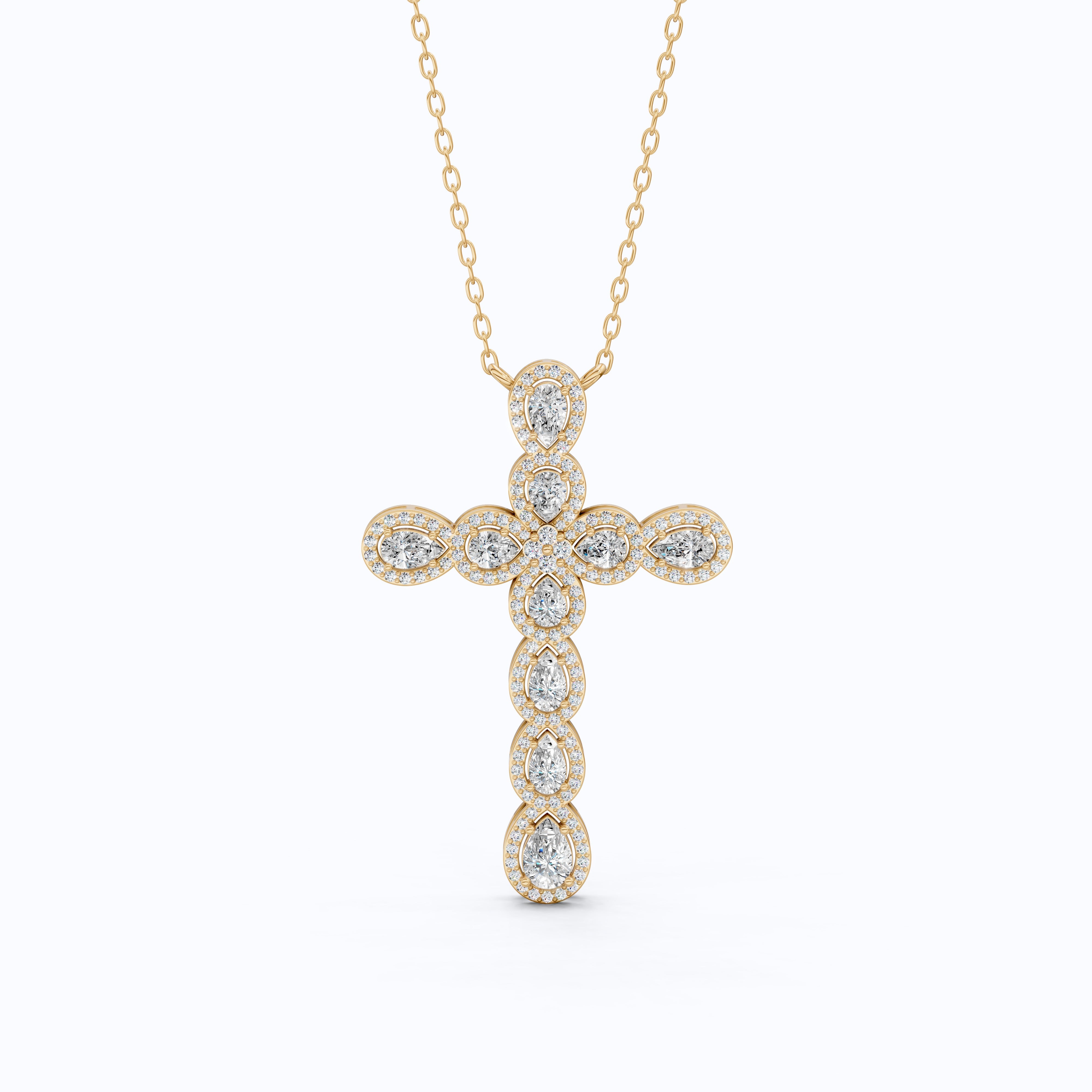 Pear & Round Halo Cluster Cross Charm Pendant Necklace in Lab Diamond – 14k Solid Gold, Everyday Jewelry For Women, Handmade Jewelry, Gift for Her