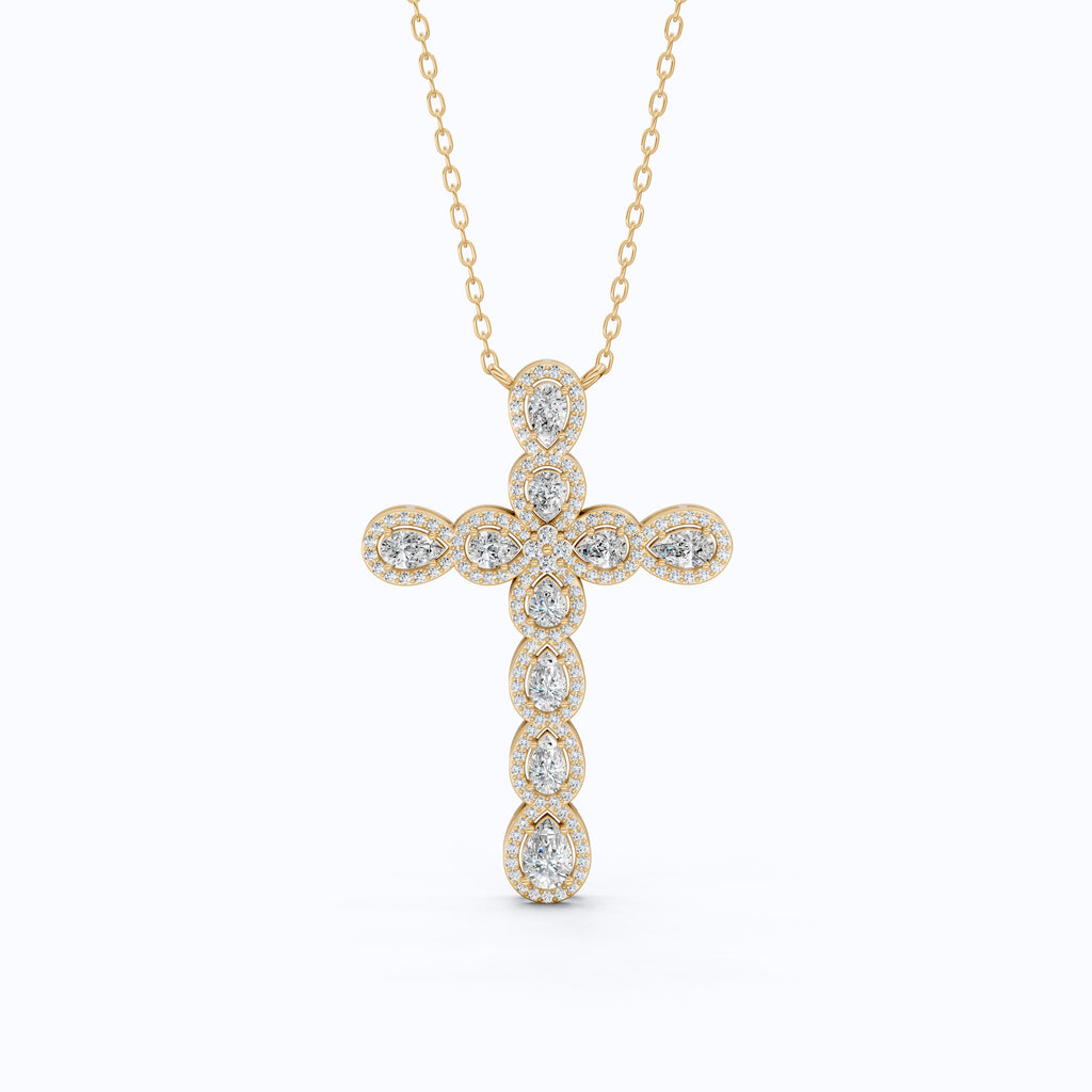 Pear & Round Halo Cluster Cross Charm Pendant Necklace in Lab Diamond – 14k Solid Gold, Everyday Jewelry For Women, Handmade Jewelry, Gift for Her