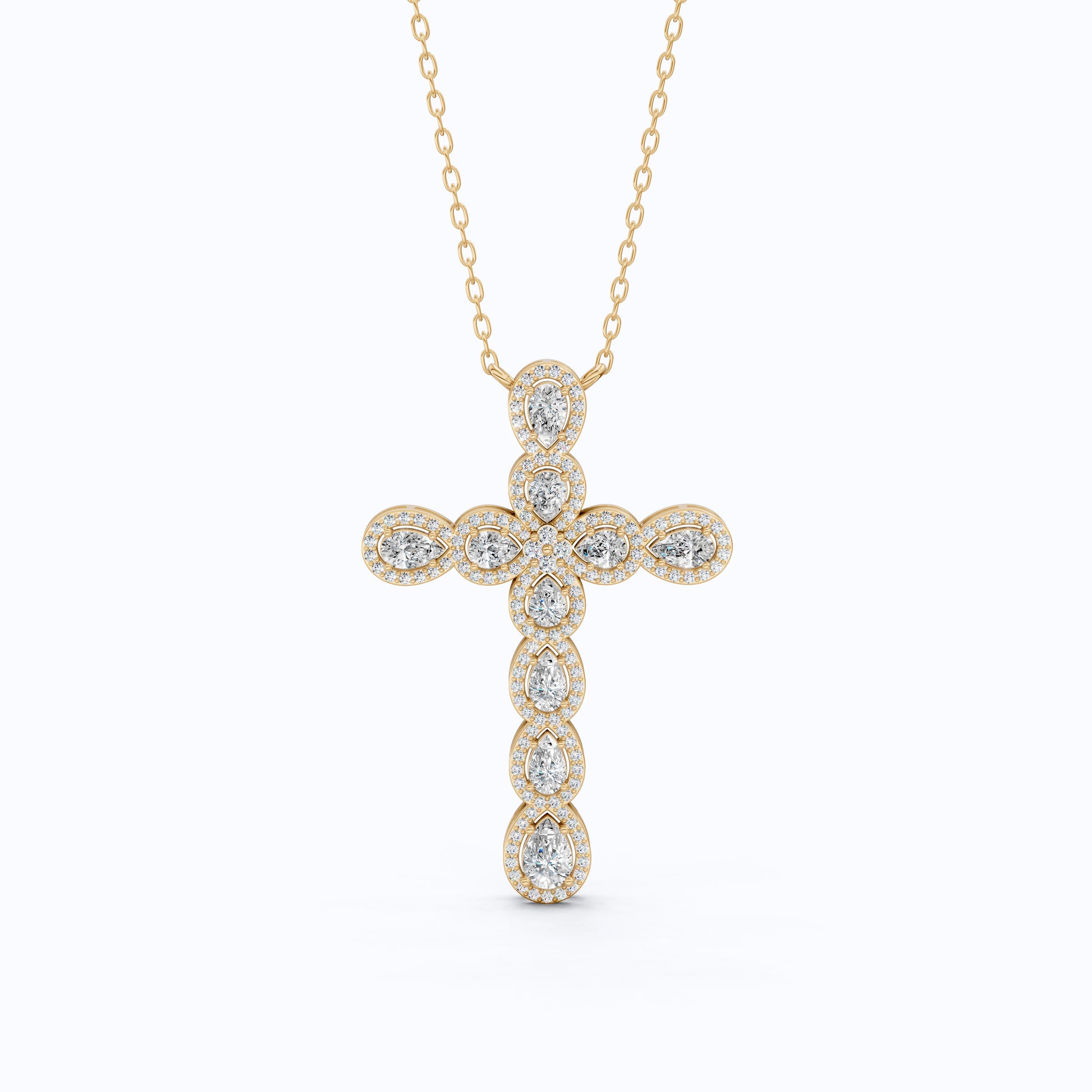 Pear & Round Halo Cluster Cross Charm Pendant Necklace in Lab Diamond – 14k Solid Gold, Everyday Jewelry For Women, Handmade Jewelry, Gift for Her