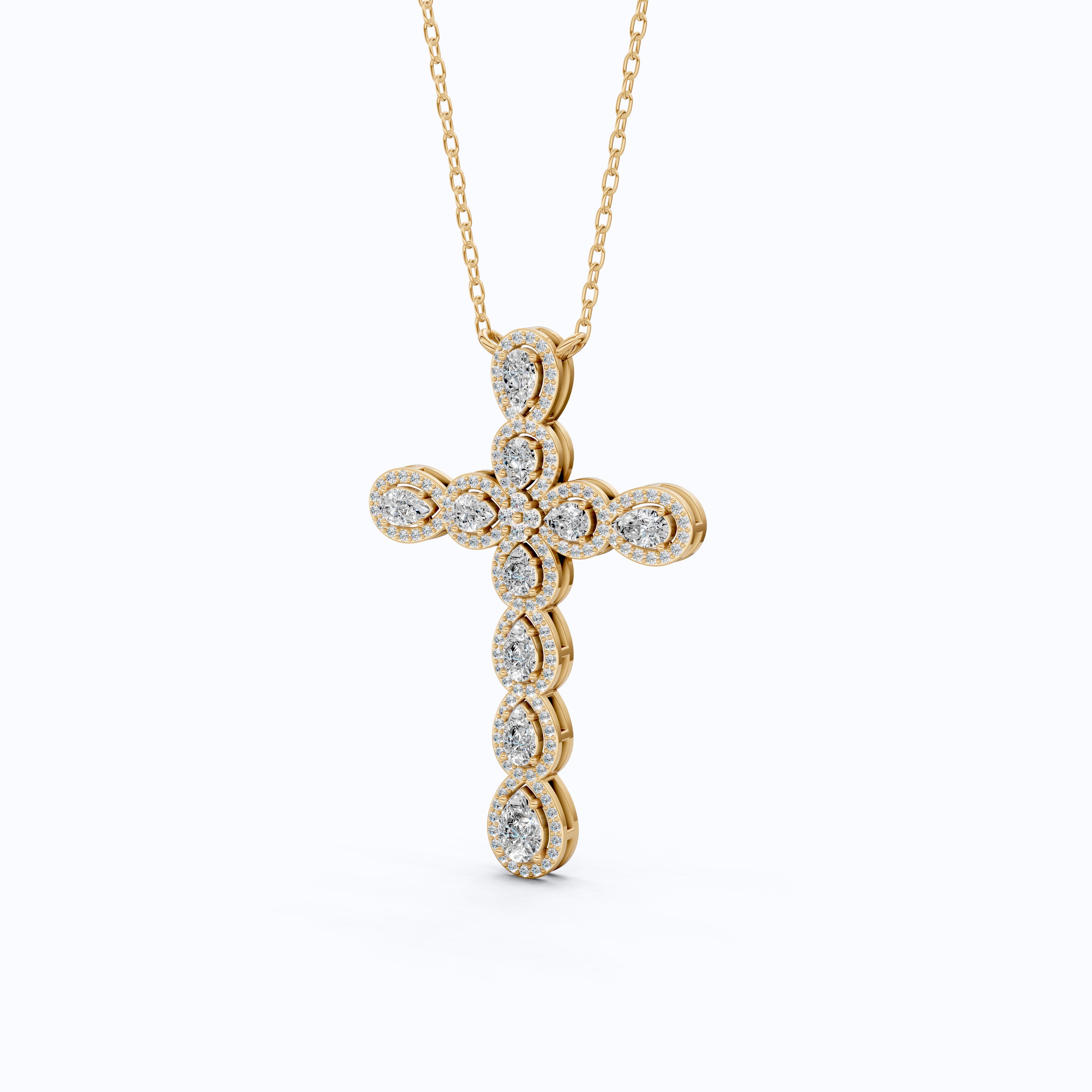 Pear & Round Halo Cluster Cross Charm Pendant Necklace in Lab Diamond – 14k Solid Gold, Everyday Jewelry For Women, Handmade Jewelry, Gift for Her