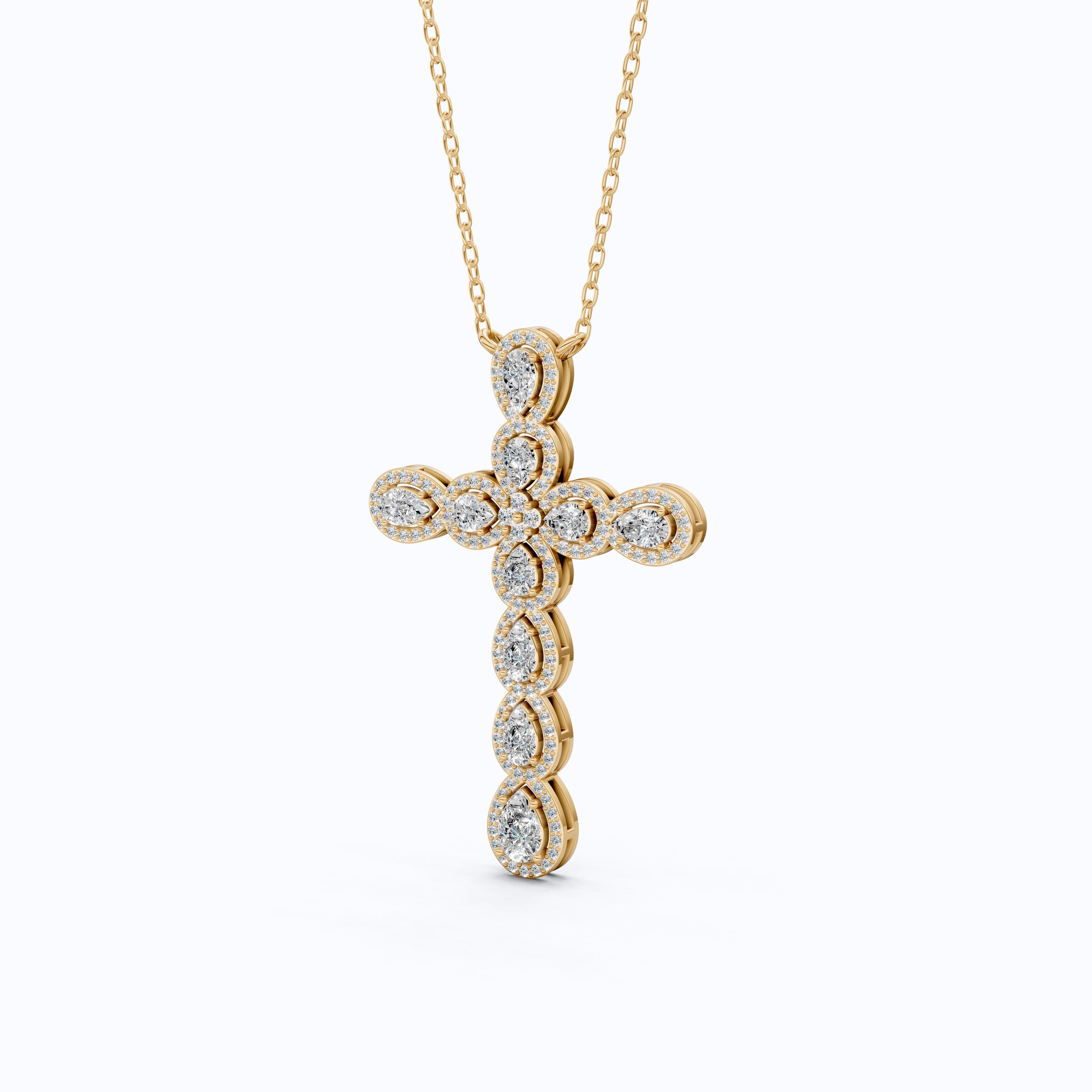 Pear & Round Halo Cluster Cross Charm Pendant Necklace in Lab Diamond – 14k Solid Gold, Everyday Jewelry For Women, Handmade Jewelry, Gift for Her