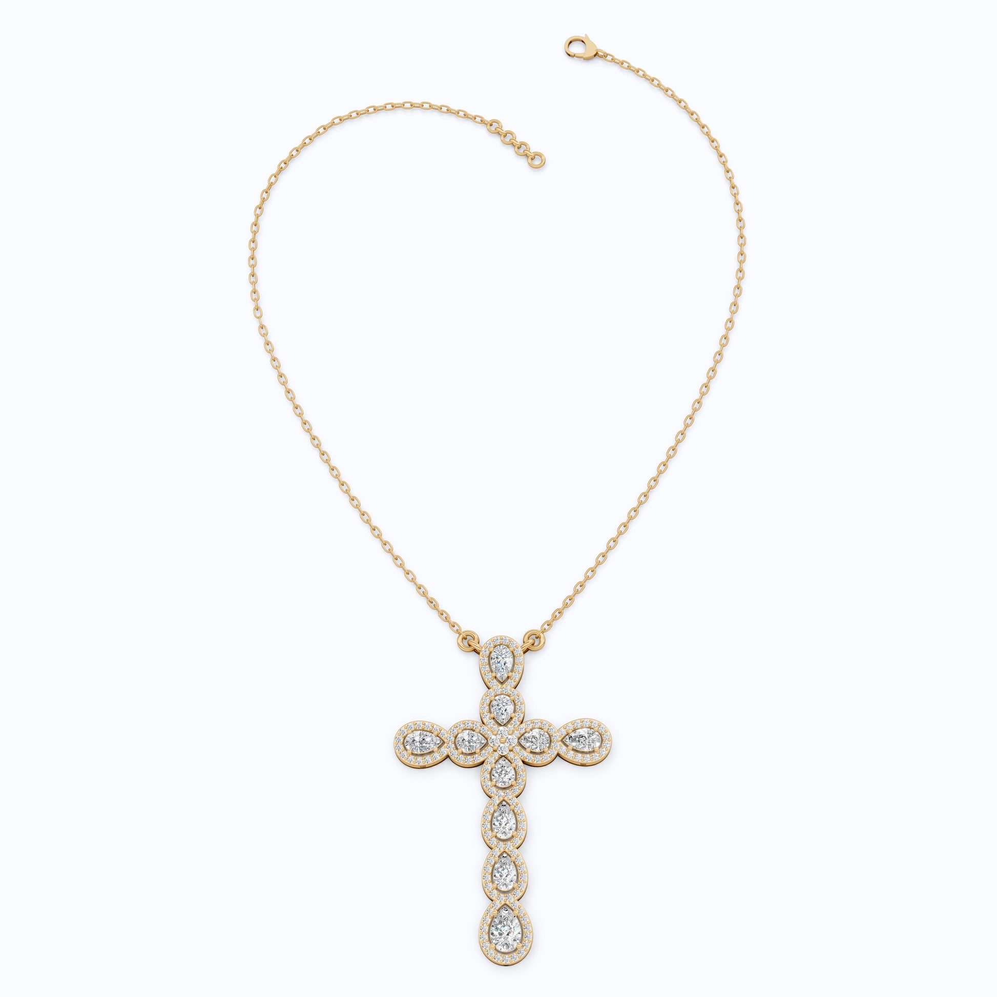 Pear & Round Halo Cluster Cross Charm Pendant Necklace in Lab Diamond – 14k Solid Gold, Everyday Jewelry For Women, Handmade Jewelry, Gift for Her