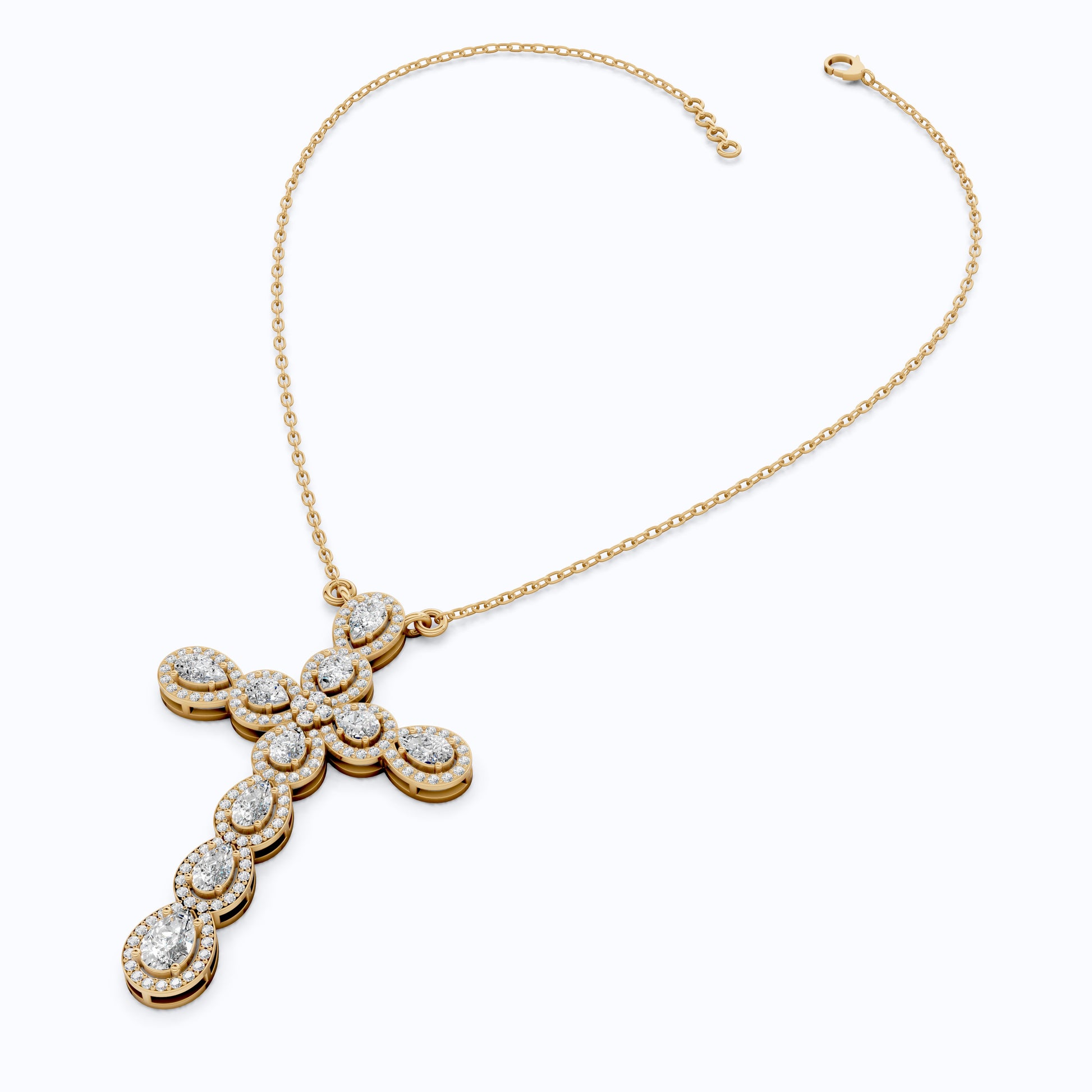 Pear & Round Halo Cluster Cross Charm Pendant Necklace in Lab Diamond – 14k Solid Gold, Everyday Jewelry For Women, Handmade Jewelry, Gift for Her