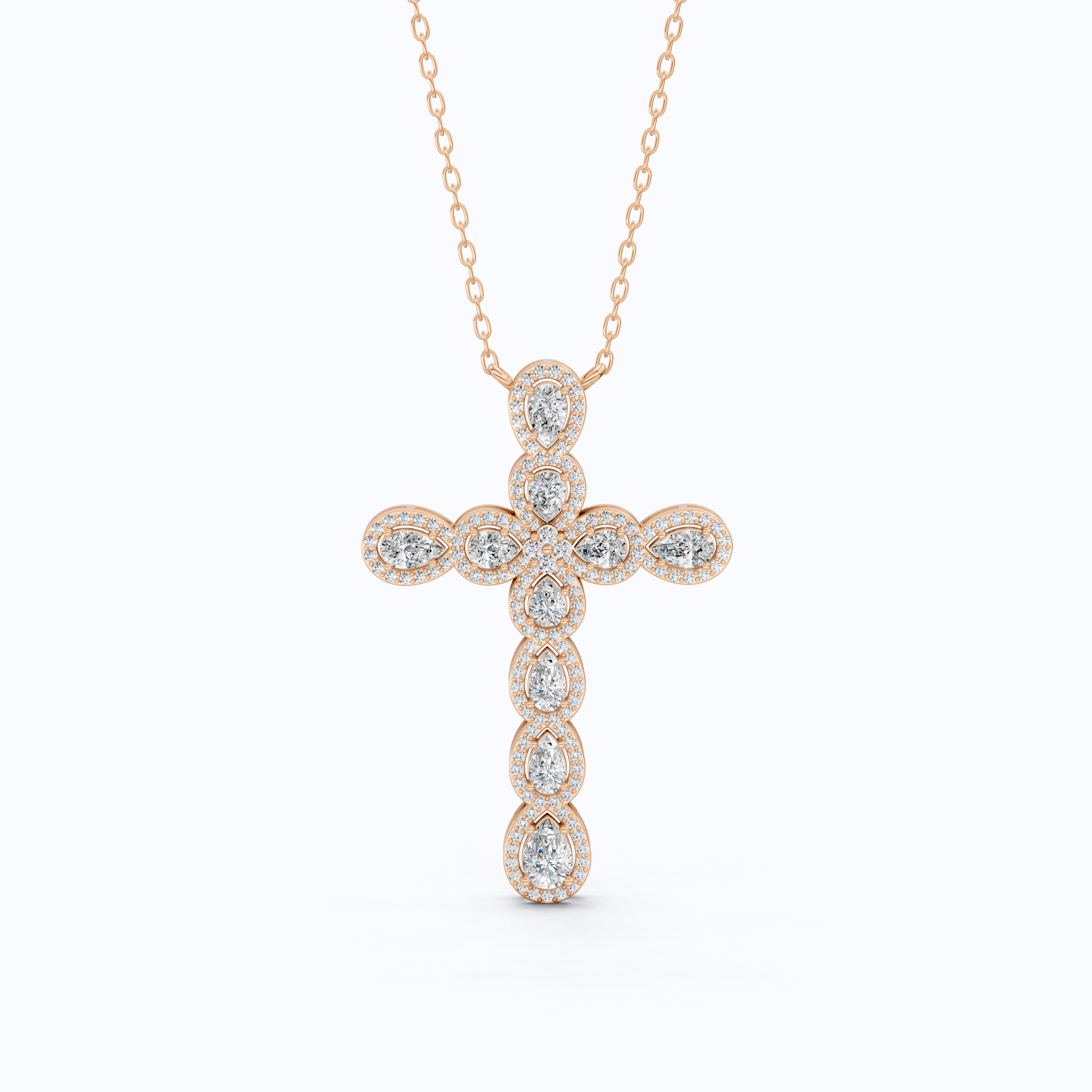 Pear & Round Halo Cluster Cross Charm Pendant Necklace in Lab Diamond – 14k Solid Gold, Everyday Jewelry For Women, Handmade Jewelry, Gift for Her