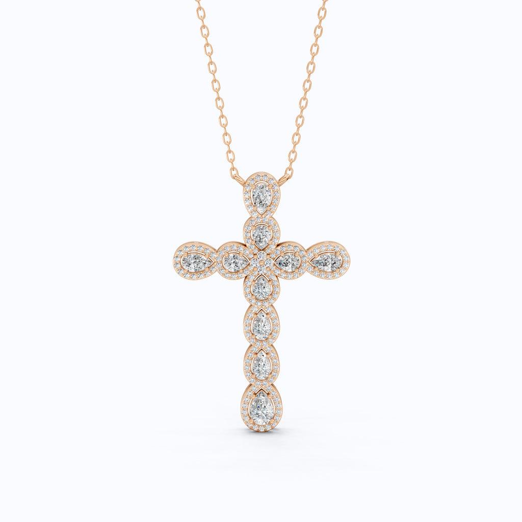Pear & Round Halo Cluster Cross Charm Pendant Necklace in Lab Diamond – 14k Solid Gold, Everyday Jewelry For Women, Handmade Jewelry, Gift for Her