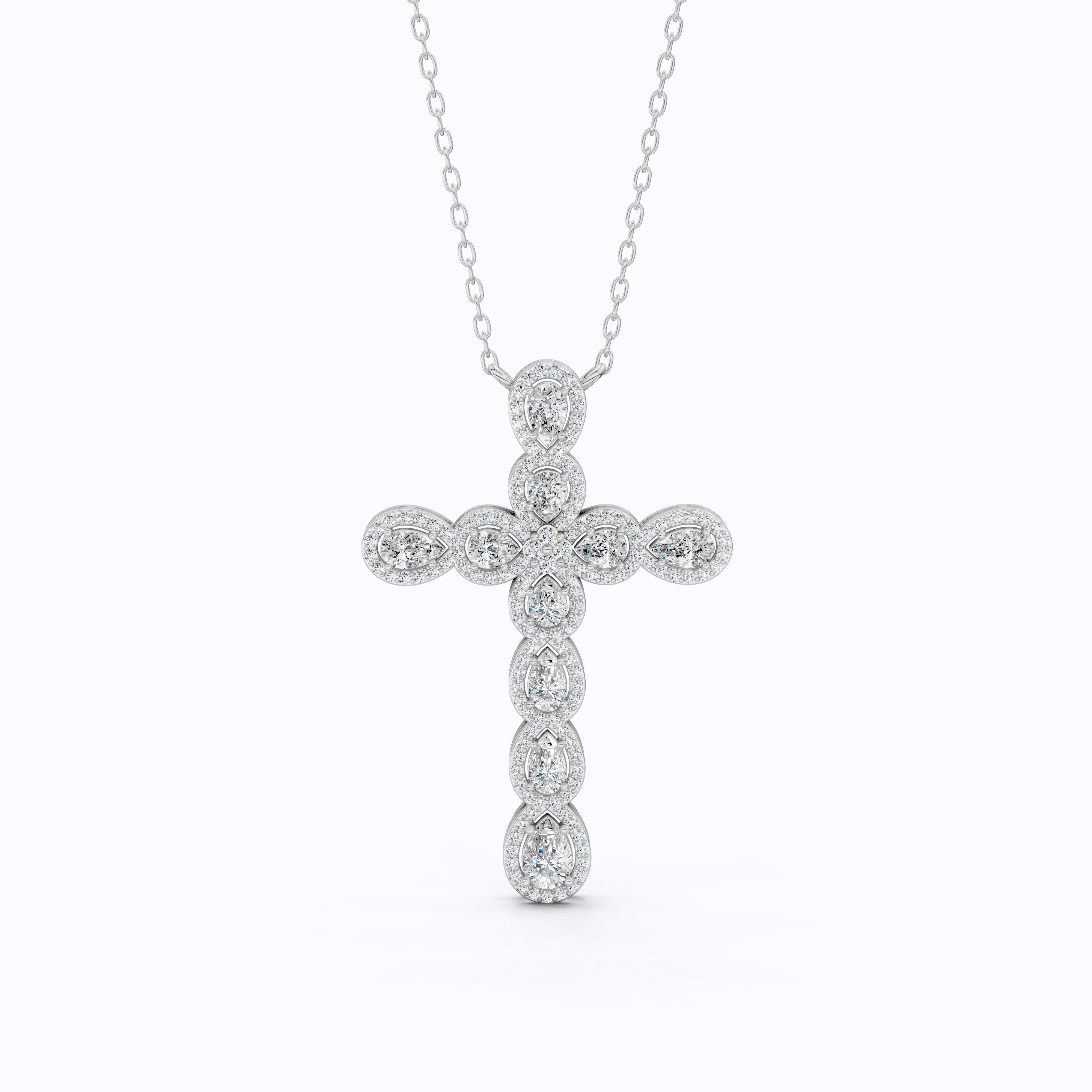 Pear & Round Halo Cluster Cross Charm Pendant Necklace in Lab Diamond – 14k Solid Gold, Everyday Jewelry For Women, Handmade Jewelry, Gift for Her