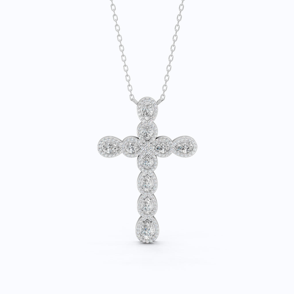 Pear & Round Halo Cluster Cross Charm Pendant Necklace in Lab Diamond – 14k Solid Gold, Everyday Jewelry For Women, Handmade Jewelry, Gift for Her