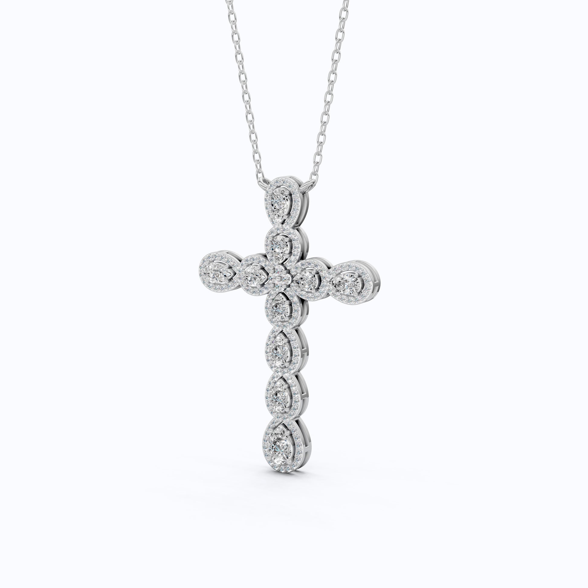 Pear & Round Halo Cluster Cross Charm Pendant Necklace in Lab Diamond – 14k Solid Gold, Everyday Jewelry For Women, Handmade Jewelry, Gift for Her