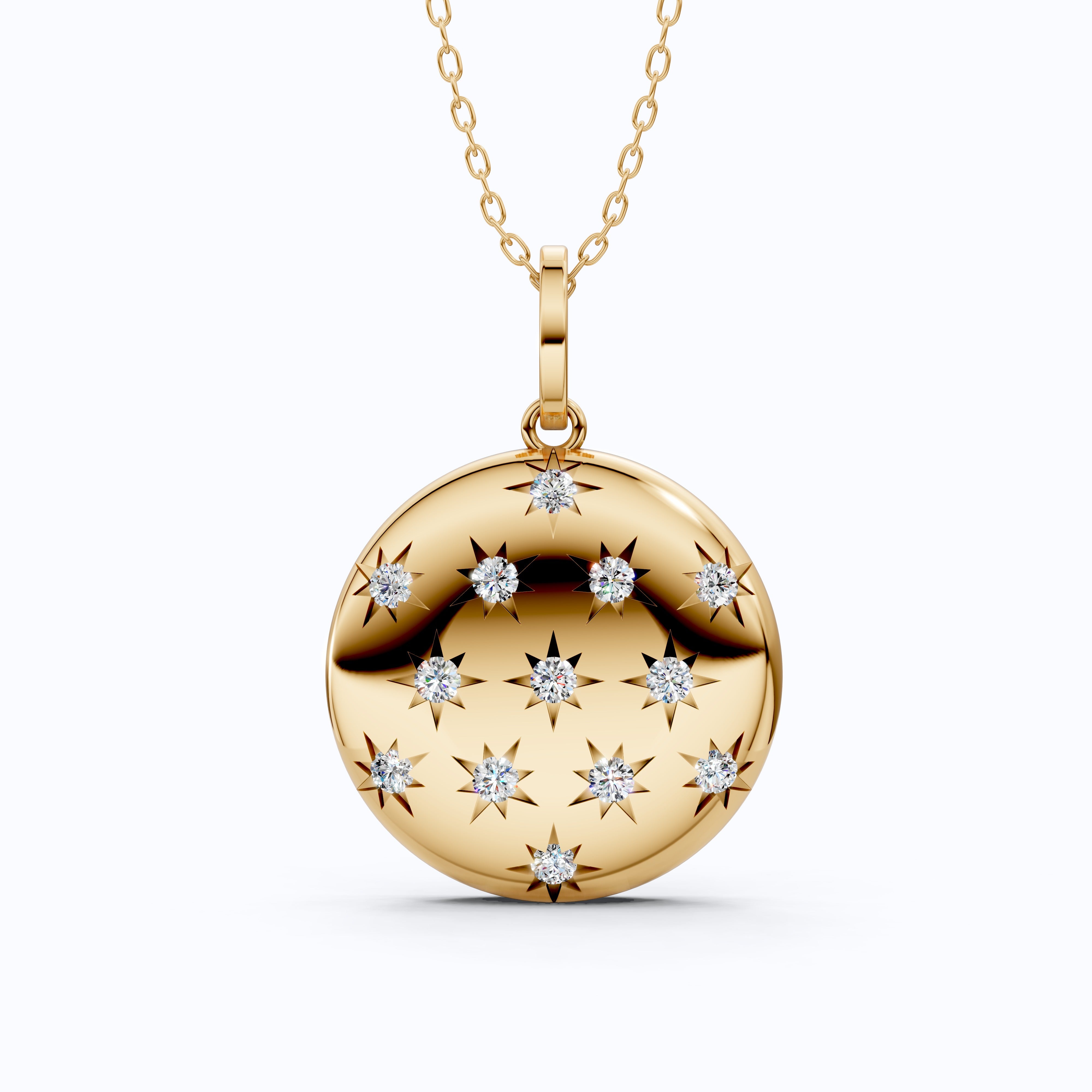 Round Disc Medallion with Starburst Diamonds Pendant in Lab Grown 14k Solid Gold, Everyday Gift for Her, Handmade Jewelry