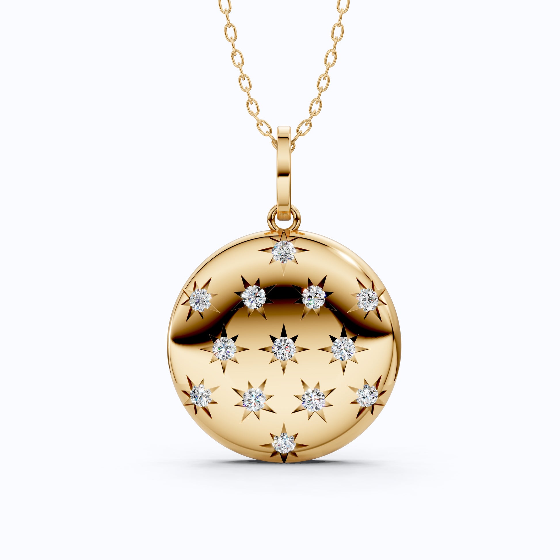 Round Disc Medallion with Starburst Diamonds Pendant in Lab Grown 14k Solid Gold, Everyday Gift for Her, Handmade Jewelry