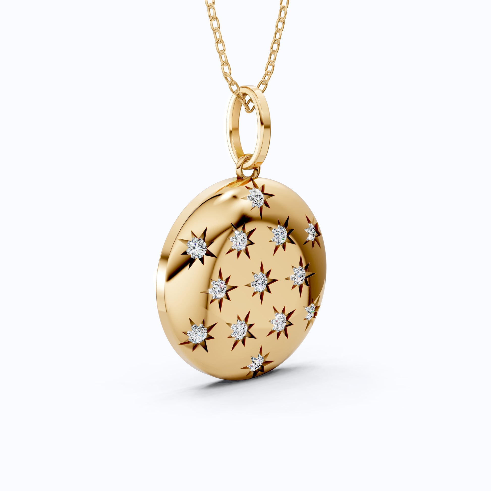 Round Disc Medallion with Starburst Diamonds Pendant in Lab Grown 14k Solid Gold, Everyday Gift for Her, Handmade Jewelry