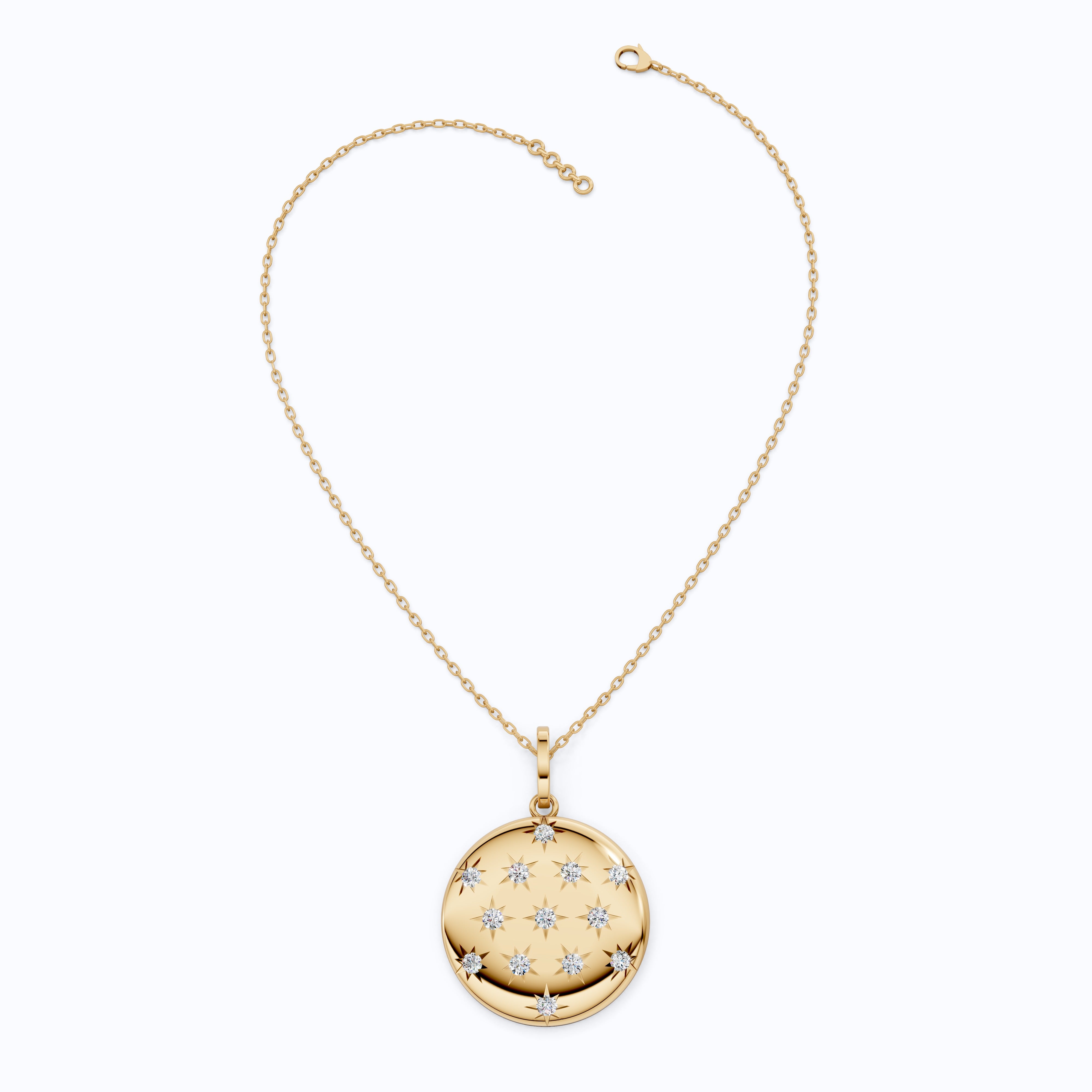 Round Disc Medallion with Starburst Diamonds Pendant in Lab Grown 14k Solid Gold, Everyday Gift for Her, Handmade Jewelry
