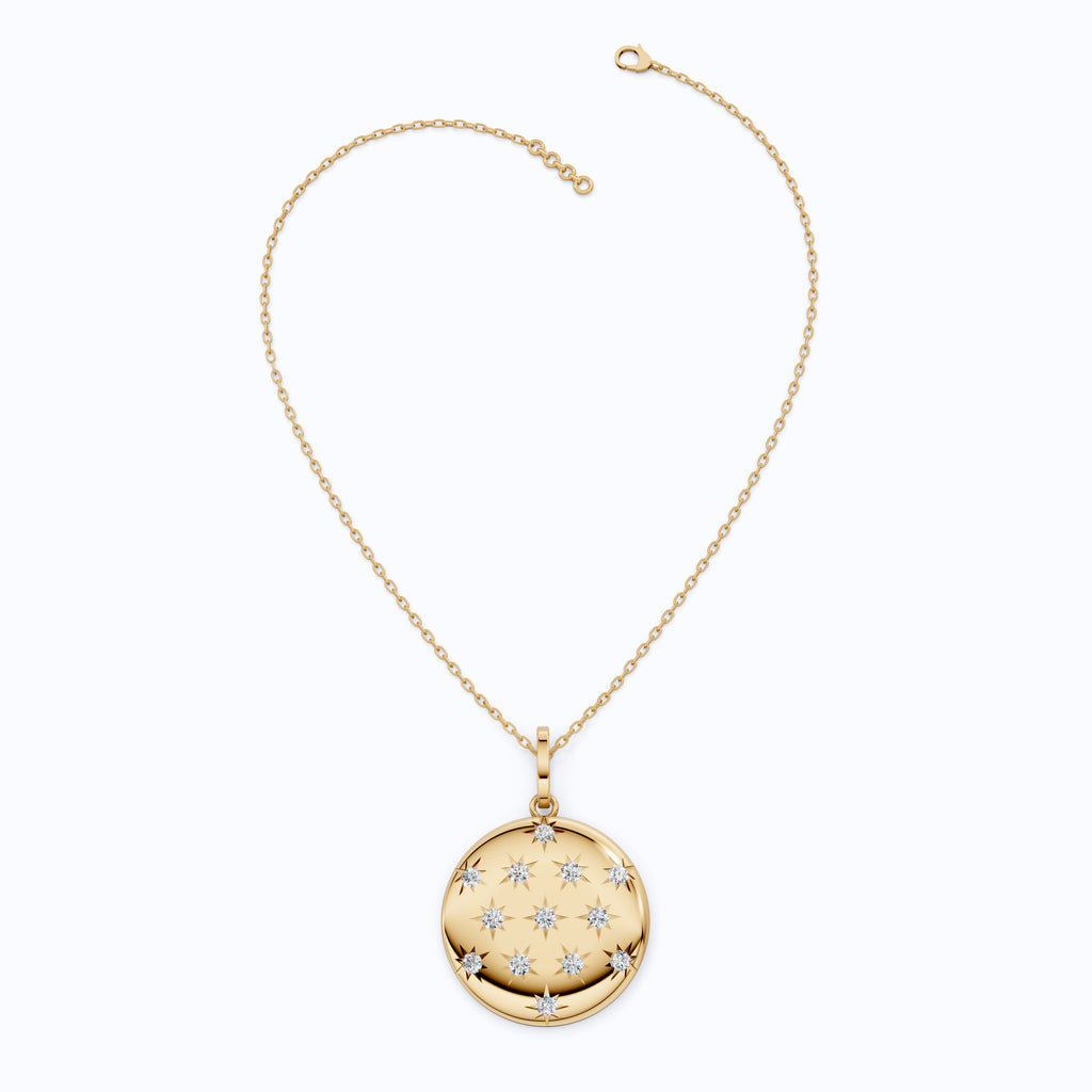 Round Disc Medallion with Starburst Diamonds Pendant in Lab Grown 14k Solid Gold, Everyday Gift for Her, Handmade Jewelry