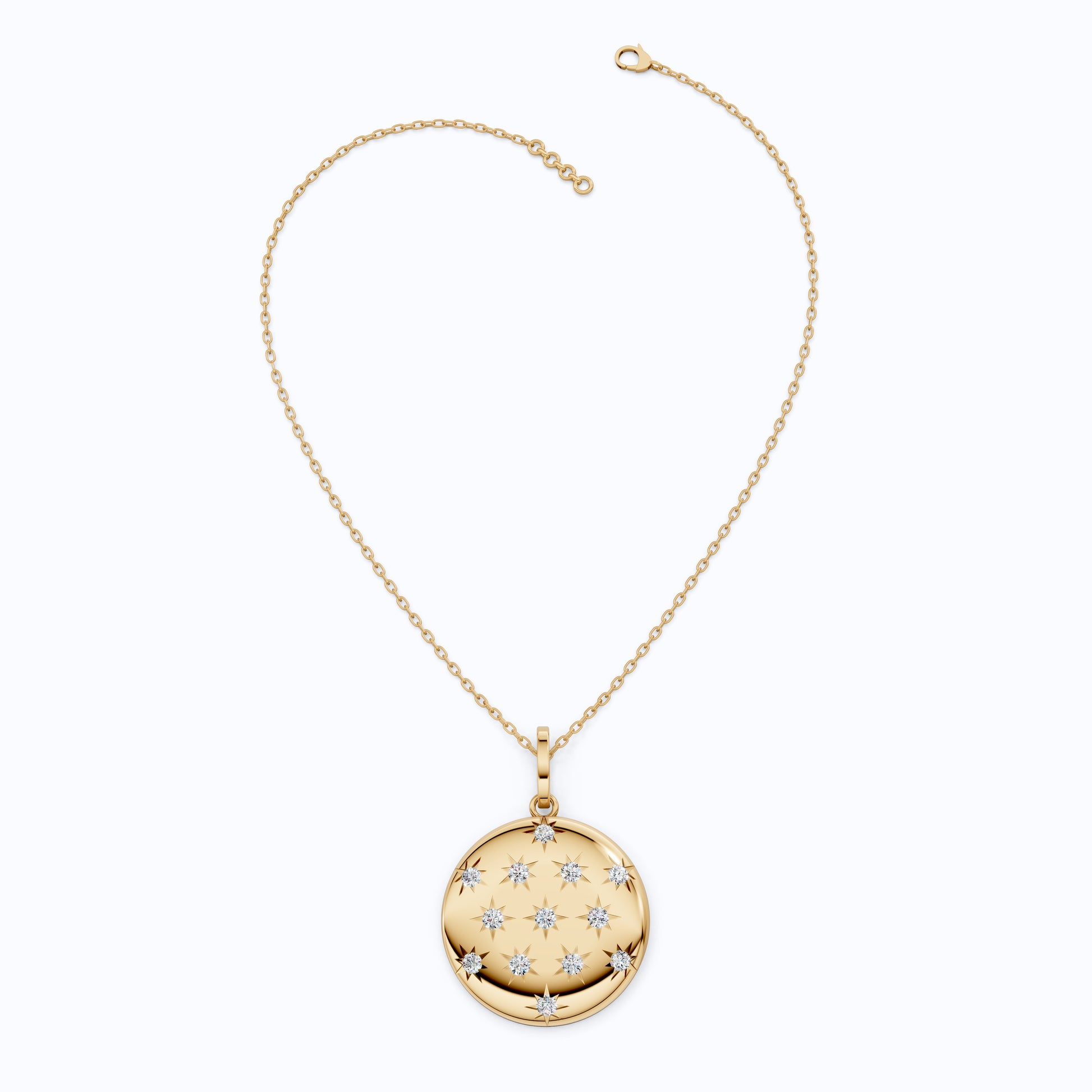 Round Disc Medallion with Starburst Diamonds Pendant in Lab Grown 14k Solid Gold, Everyday Gift for Her, Handmade Jewelry