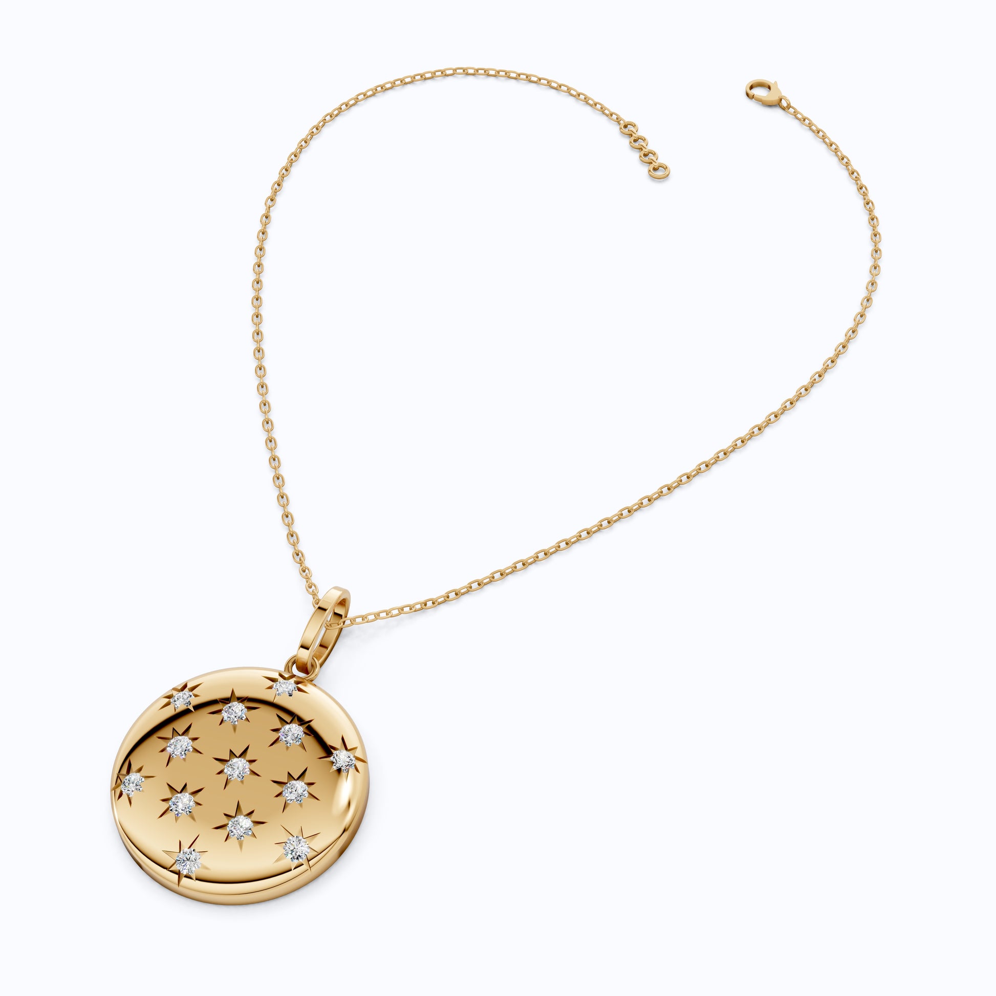 Round Disc Medallion with Starburst Diamonds Pendant in Lab Grown 14k Solid Gold, Everyday Gift for Her, Handmade Jewelry