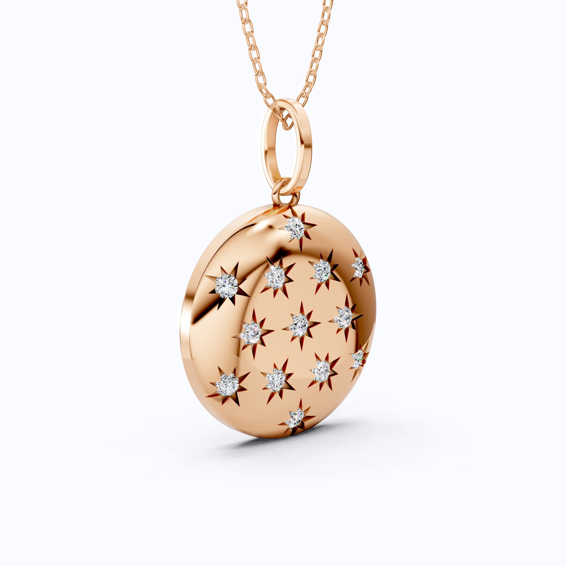 Round Disc Medallion with Starburst Diamonds Pendant in Lab Grown 14k Solid Gold, Everyday Gift for Her, Handmade Jewelry