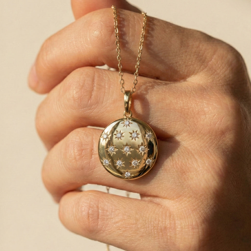 Round Disc Medallion with Starburst Diamonds Pendant in Lab Grown 14k Solid Gold, Everyday Gift for Her, Handmade Jewelry