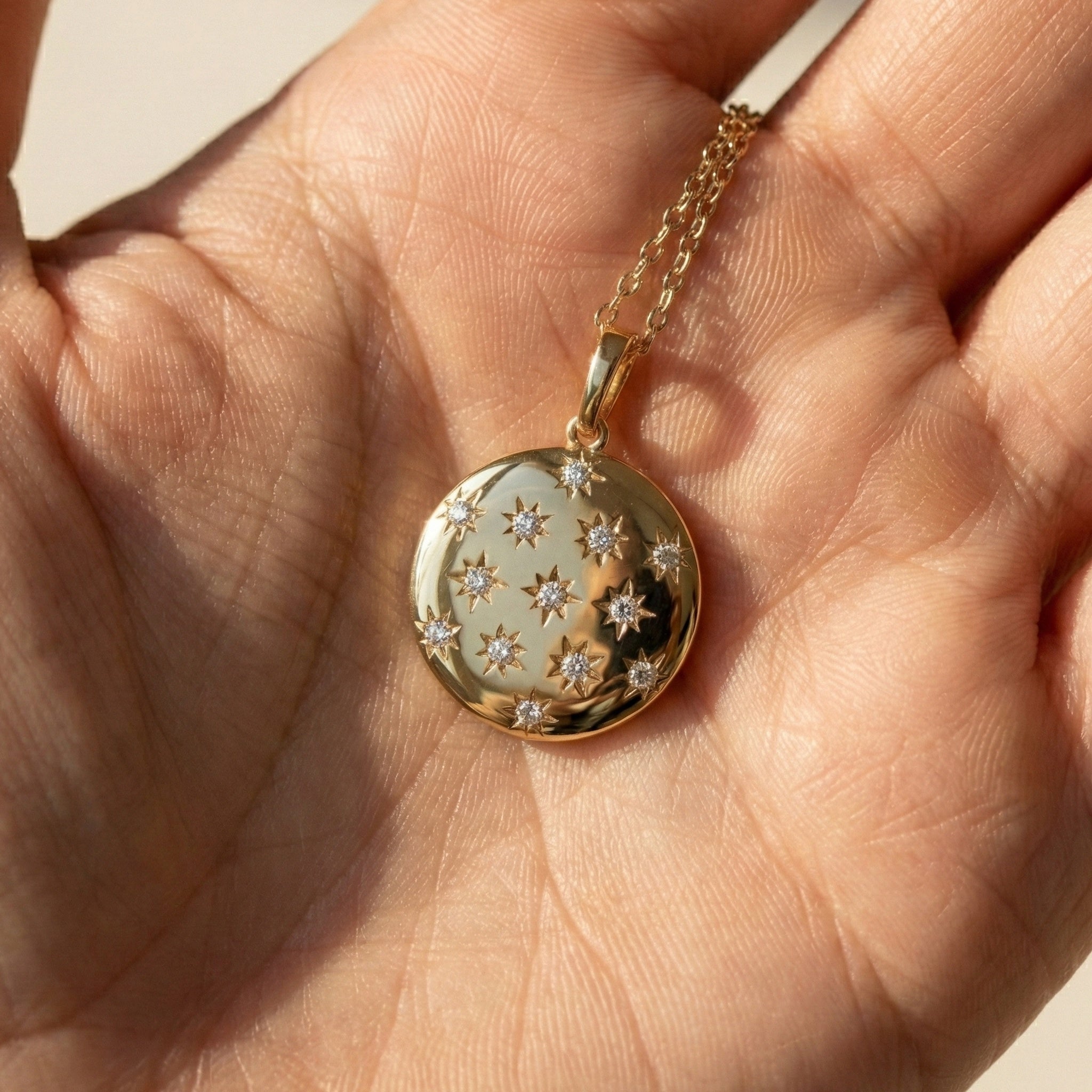 Round Disc Medallion with Starburst Diamonds Pendant in Lab Grown 14k Solid Gold, Everyday Gift for Her, Handmade Jewelry