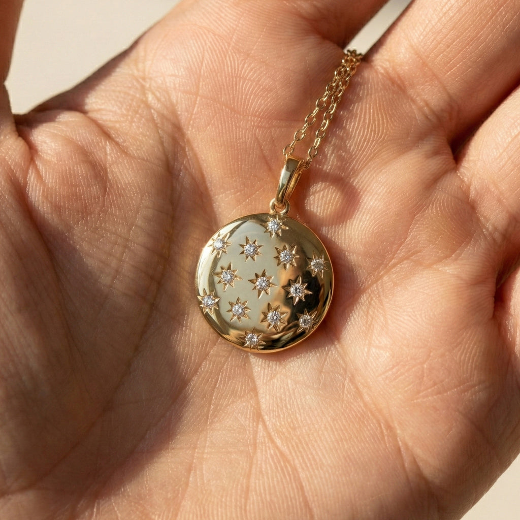 Round Disc Medallion with Starburst Diamonds Pendant in Lab Grown 14k Solid Gold, Everyday Gift for Her, Handmade Jewelry