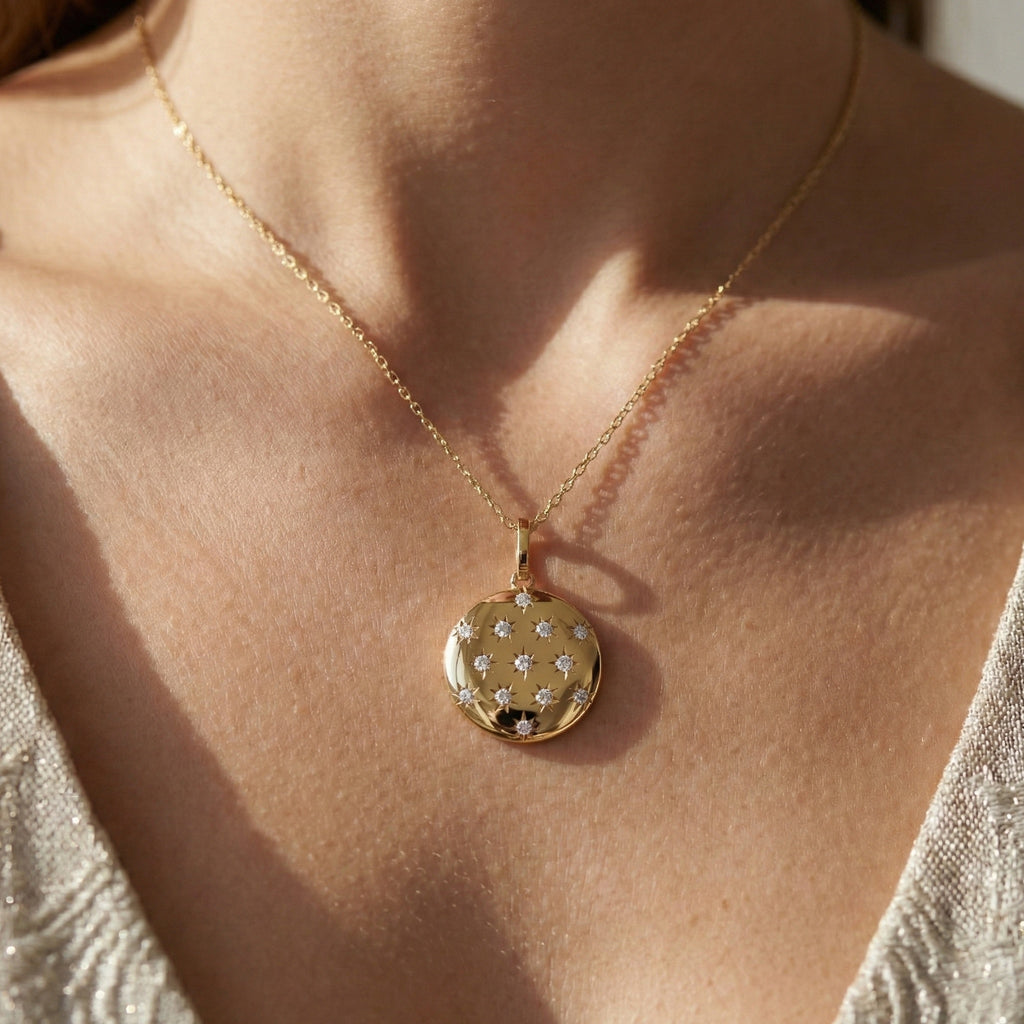 Round Disc Medallion with Starburst Diamonds Pendant in Lab Grown 14k Solid Gold, Everyday Gift for Her, Handmade Jewelry