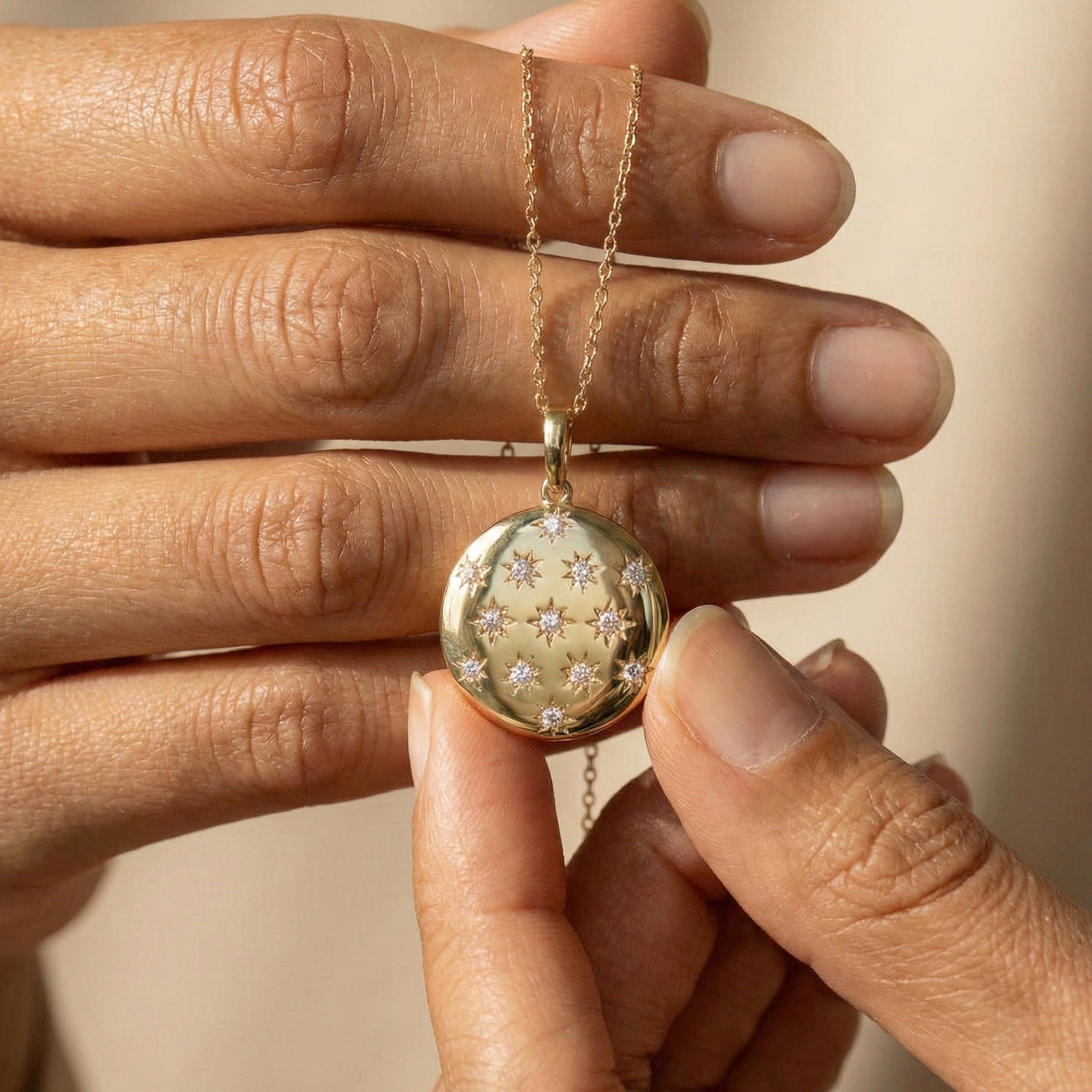 Round Disc Medallion with Starburst Diamonds Pendant in Lab Grown 14k Solid Gold, Everyday Gift for Her, Handmade Jewelry