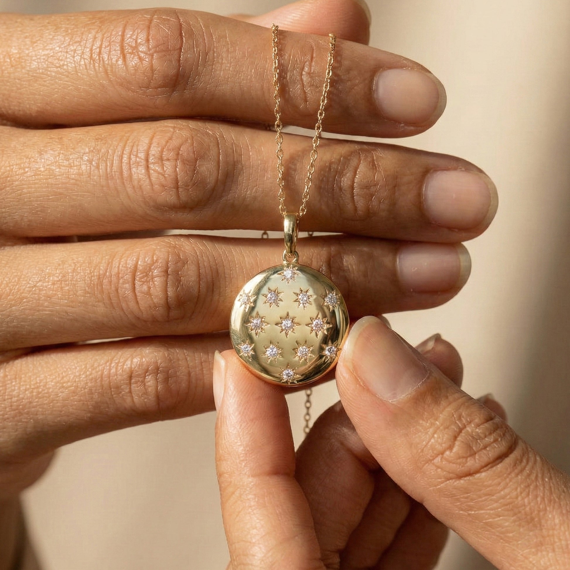 Round Disc Medallion with Starburst Diamonds Pendant in Lab Grown 14k Solid Gold, Everyday Gift for Her, Handmade Jewelry