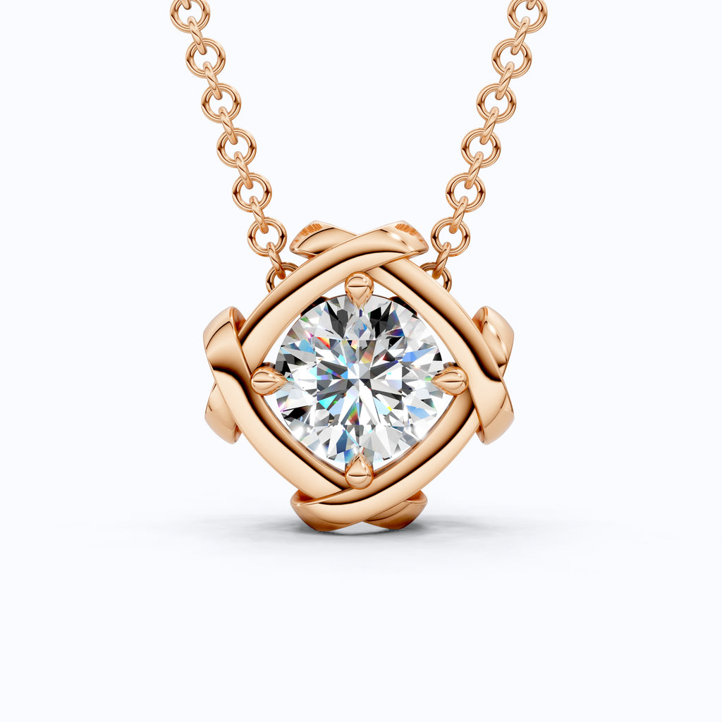Criss Cross Round Solitaire Pendant in 14k Solid Gold, 1.32 CT Round Cut Lab Grown Diamond, Anniversary Gift for Wife, Wedding Jewelry