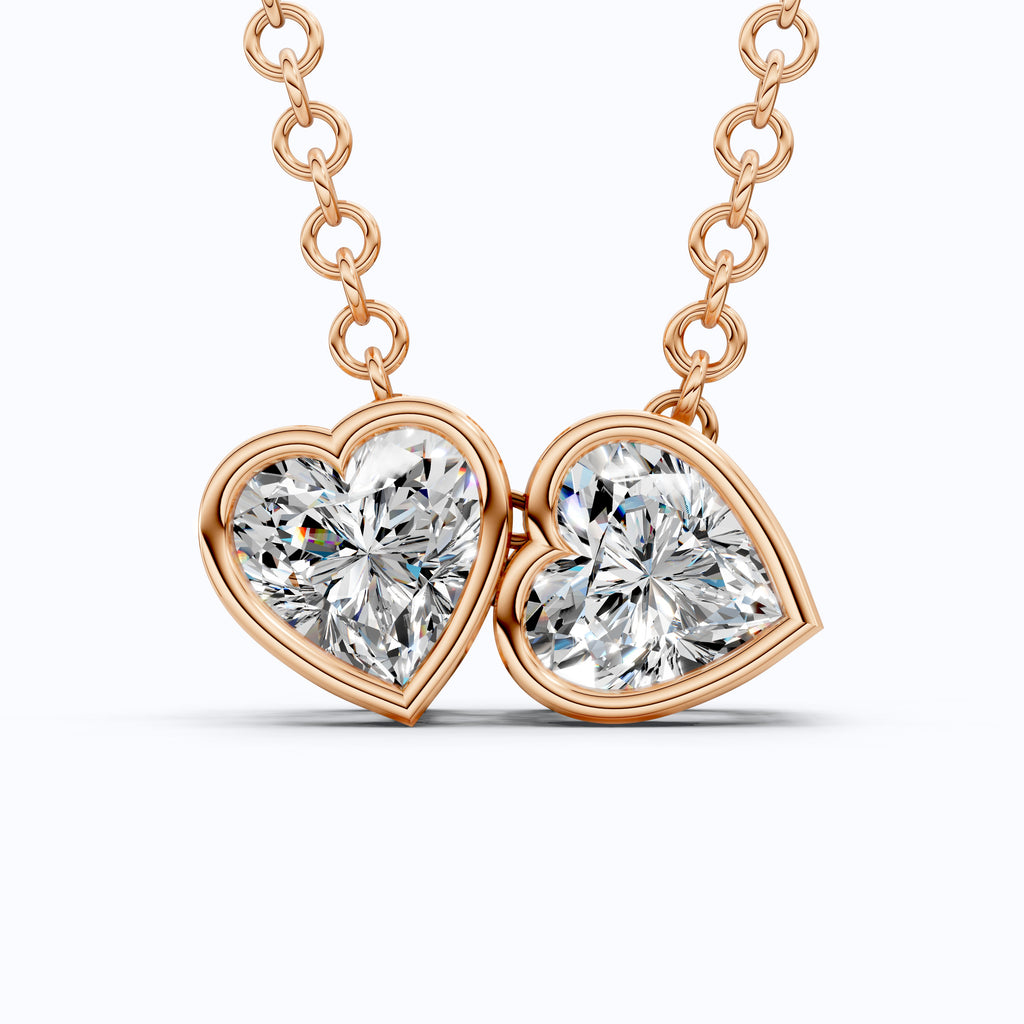 Interlocking Heart Diamond Bezel Two Stone Pendant in Lab Grown Diamond-14k Solid Gold, 1.00 TCW Heart Cut Lab Created Diamonds, Anniversary Gift For Love