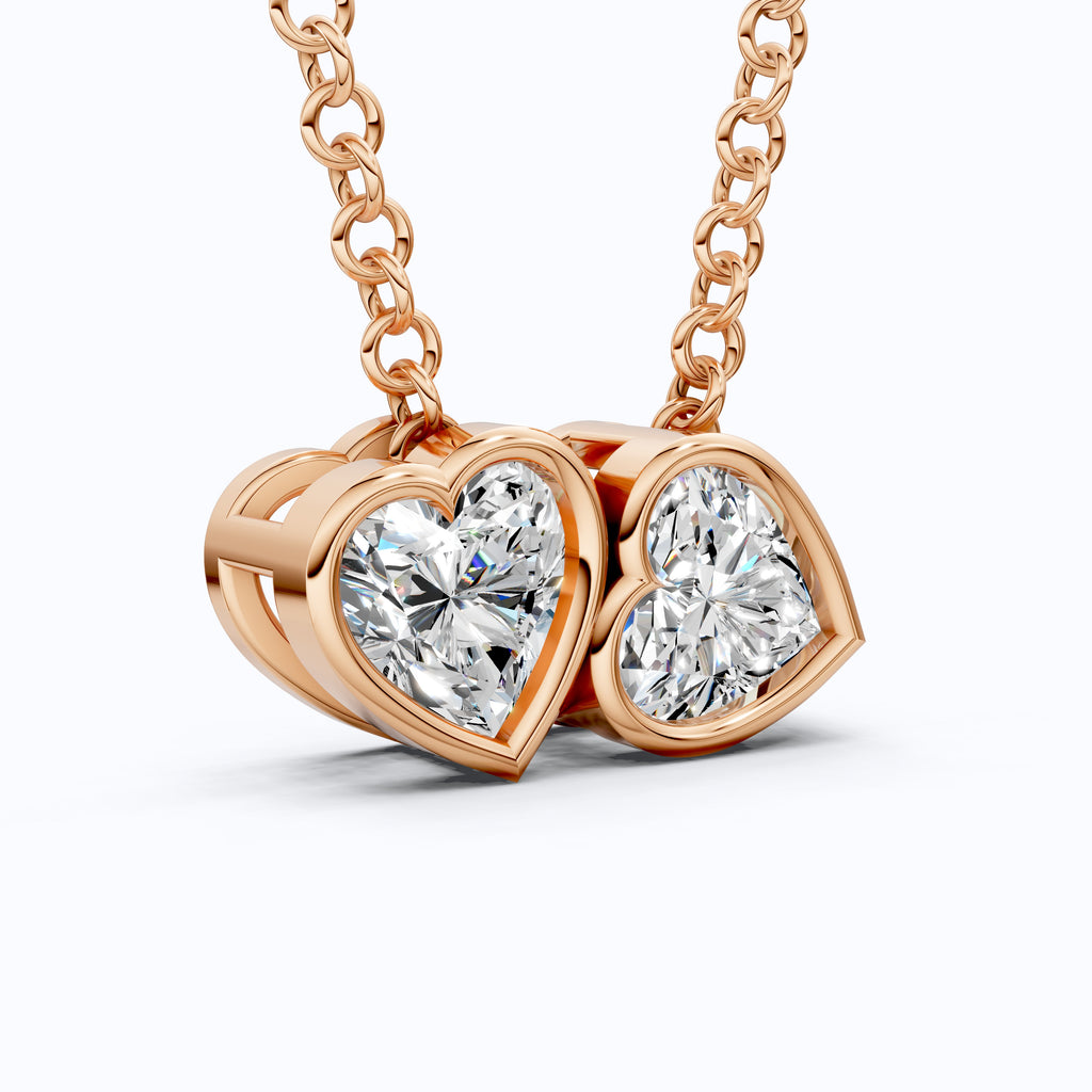 Interlocking Heart Diamond Bezel Two Stone Pendant in Lab Grown Diamond-14k Solid Gold, 1.00 TCW Heart Cut Lab Created Diamonds, Anniversary Gift For Love