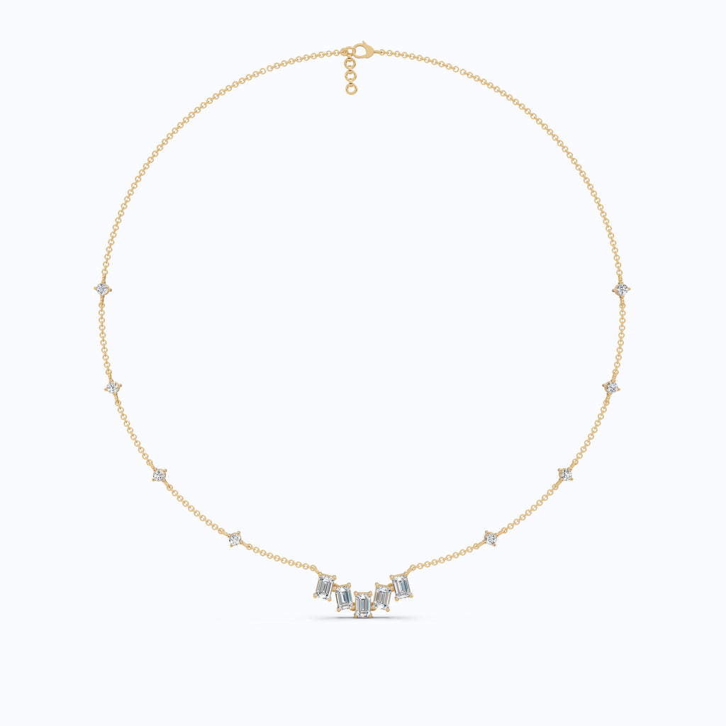14K Yellow Gold Delicate Necklace with 3.30 TCW Baguette & Round Lab Diamonds – Wedding Jewelry, Handmade Gift for Her