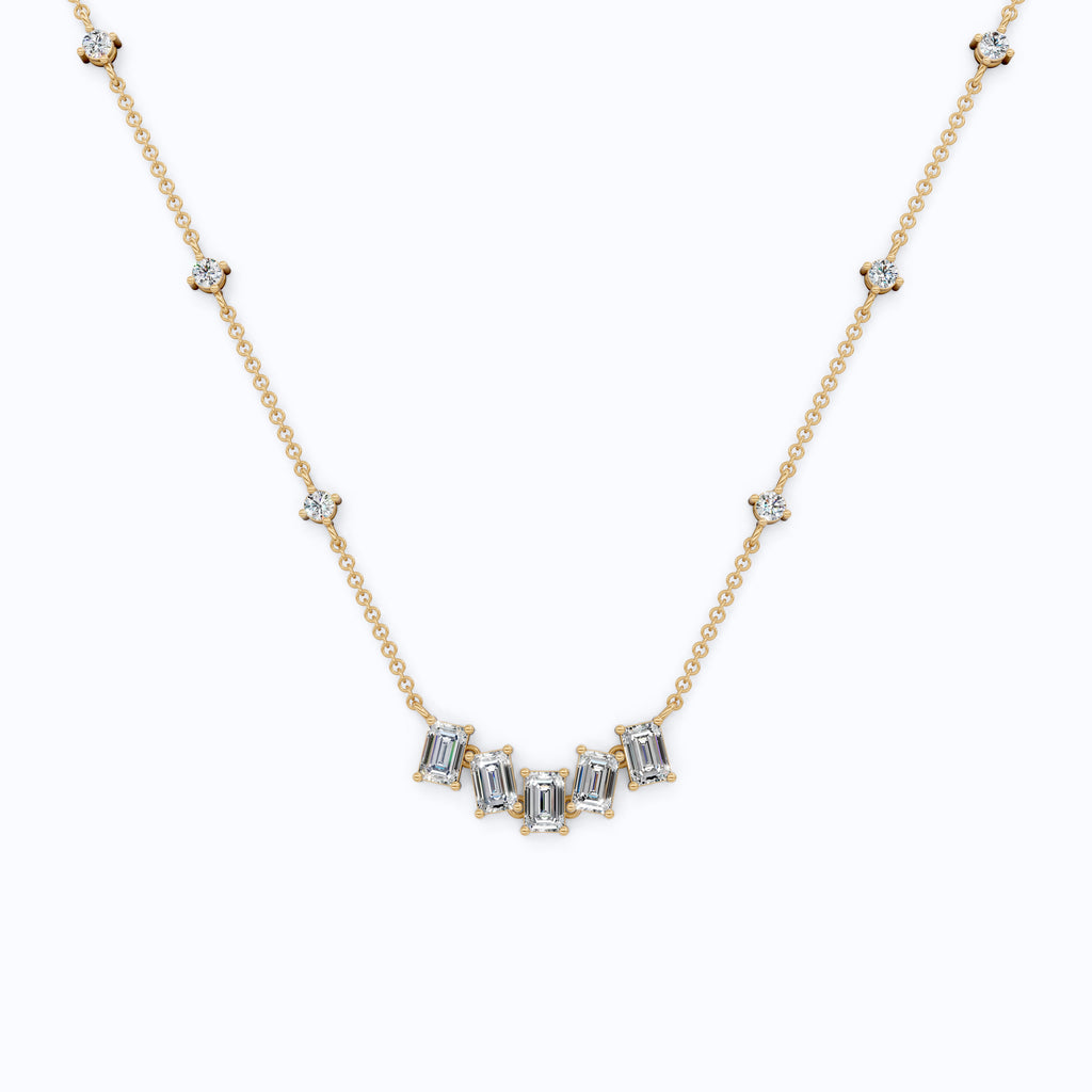 14K Yellow Gold Delicate Necklace with 3.30 TCW Baguette & Round Lab Diamonds – Wedding Jewelry, Handmade Gift for Her