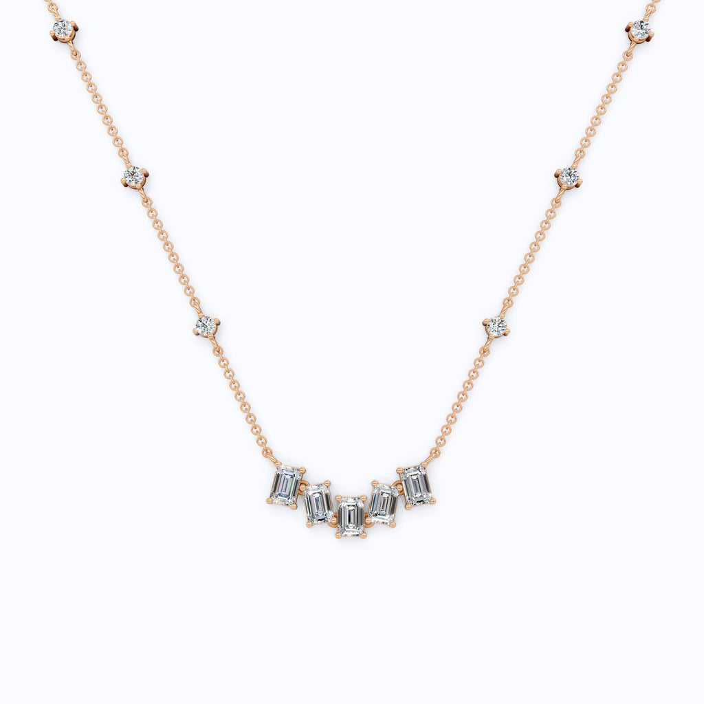 14K Yellow Gold Delicate Necklace with 3.30 TCW Baguette & Round Lab Diamonds – Wedding Jewelry, Handmade Gift for Her