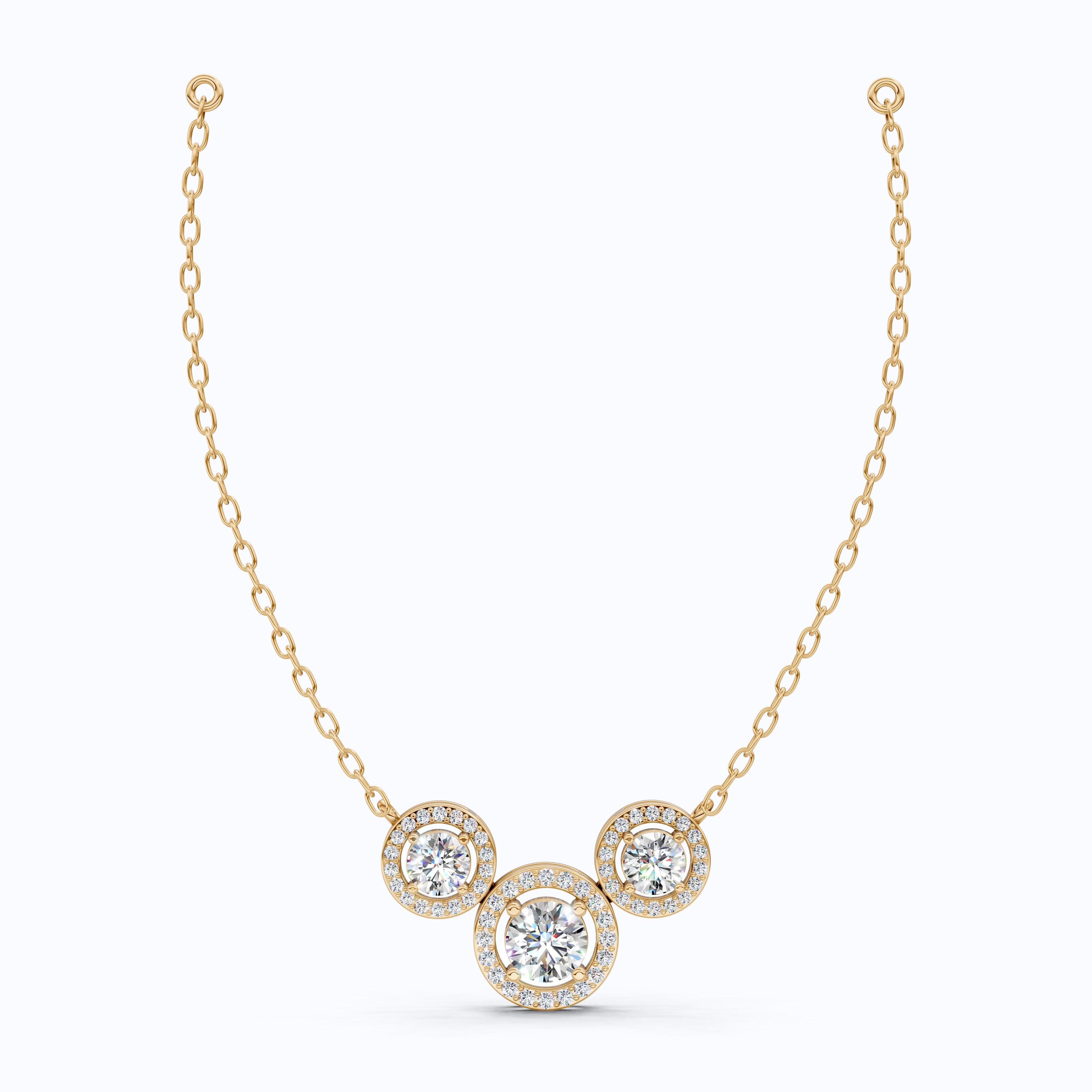 Modern Three Stone Round Halo Wedding Pendant in Lab Grown Diamond-14k Solid Gold, Anniversary Gift, Handmade Jewelry