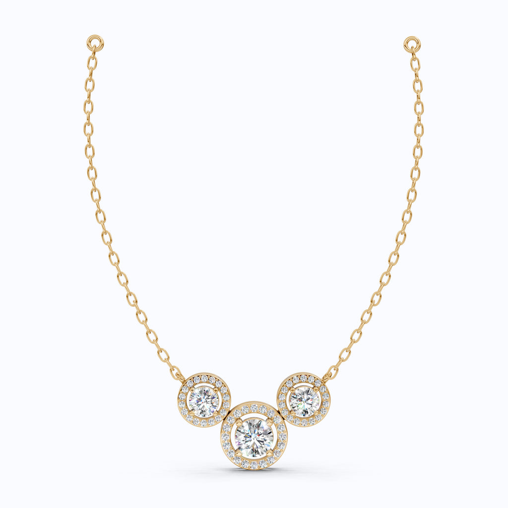 Modern Three Stone Round Halo Wedding Pendant in Lab Grown Diamond-14k Solid Gold, Anniversary Gift, Handmade Jewelry