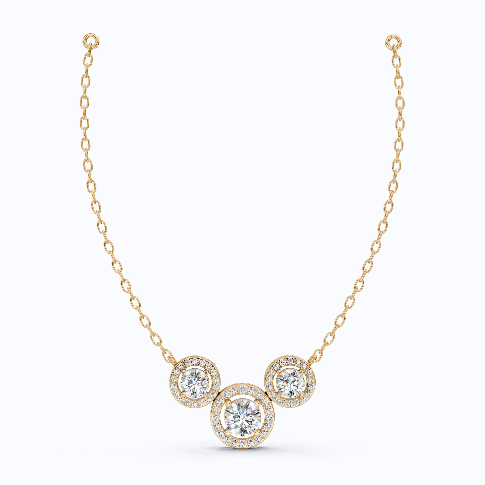 Modern Three Stone Round Halo Wedding Pendant in Lab Grown Diamond-14k Solid Gold, Anniversary Gift, Handmade Jewelry