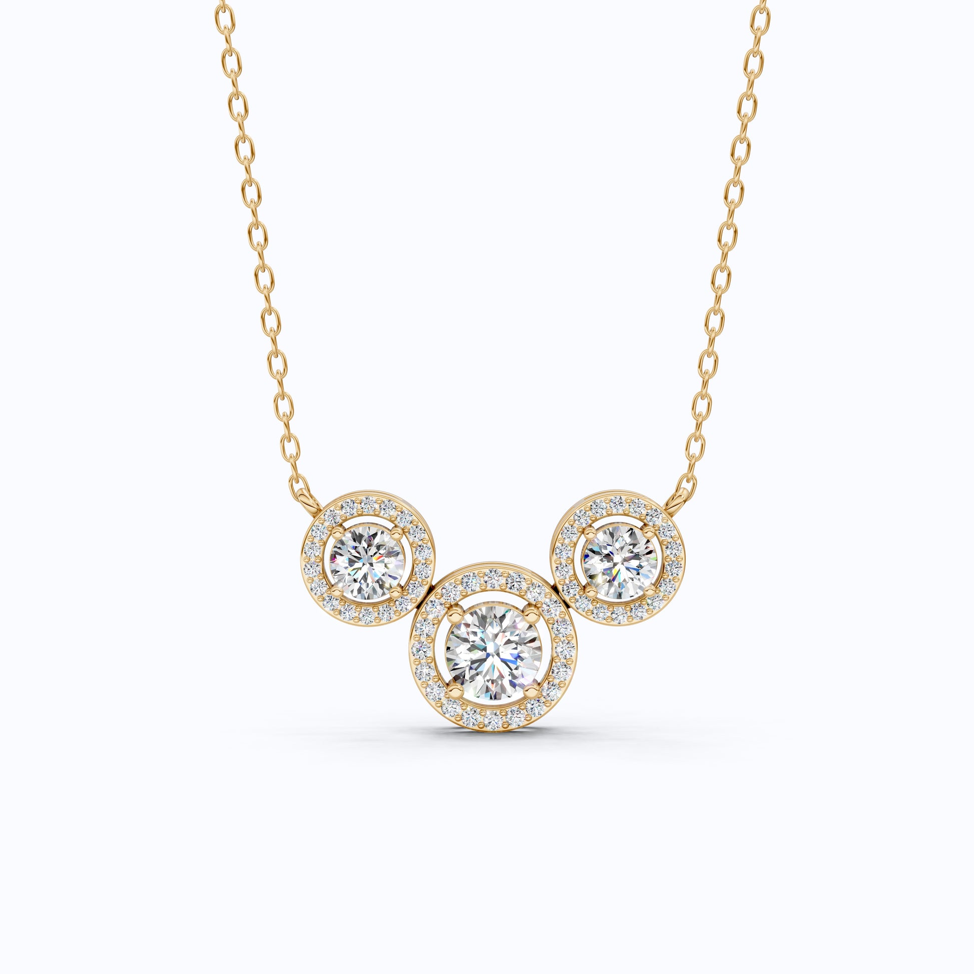 Modern Three Stone Round Halo Wedding Pendant in Lab Grown Diamond-14k Solid Gold, Anniversary Gift, Handmade Jewelry