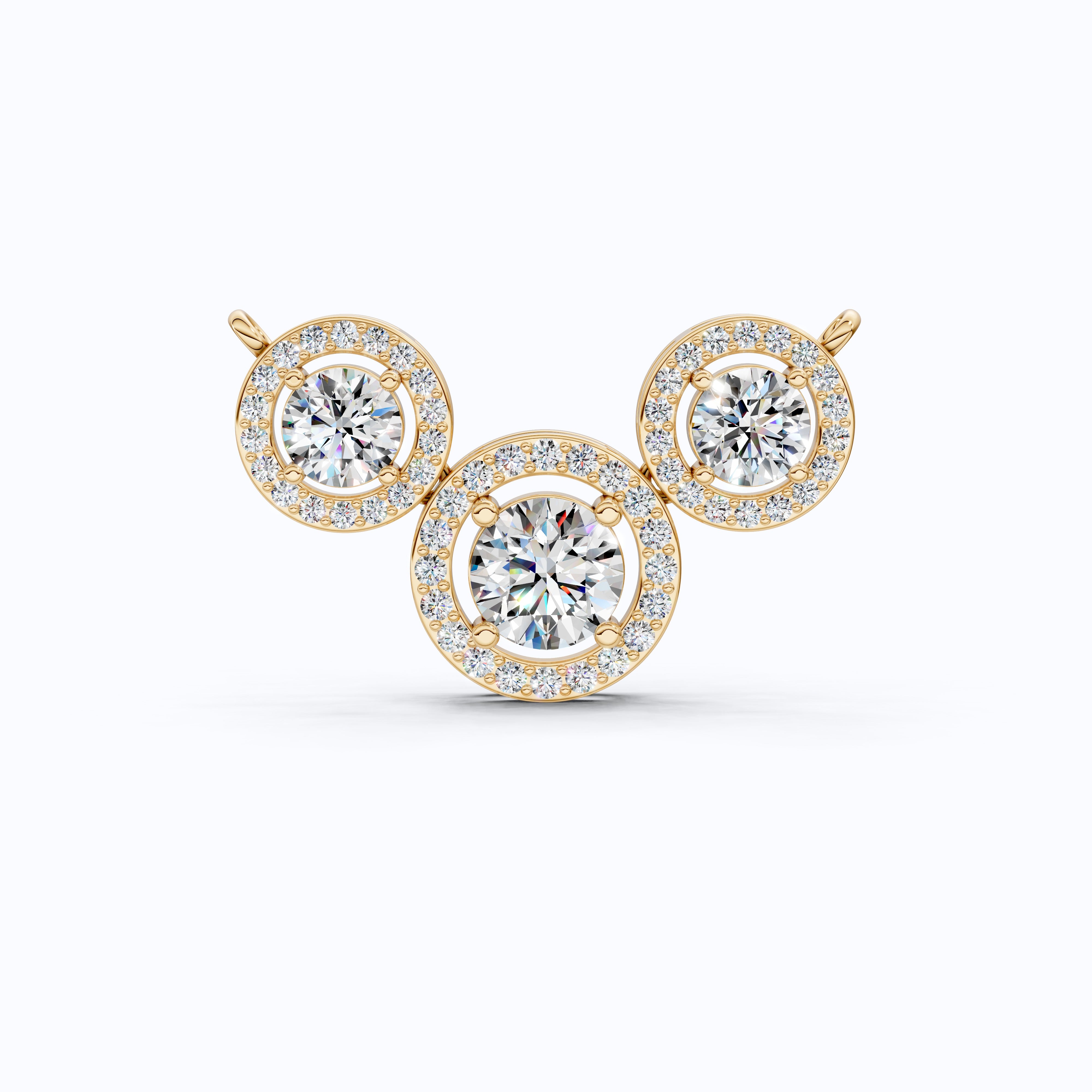 Modern Three Stone Round Halo Wedding Pendant in Lab Grown Diamond-14k Solid Gold, Anniversary Gift, Handmade Jewelry