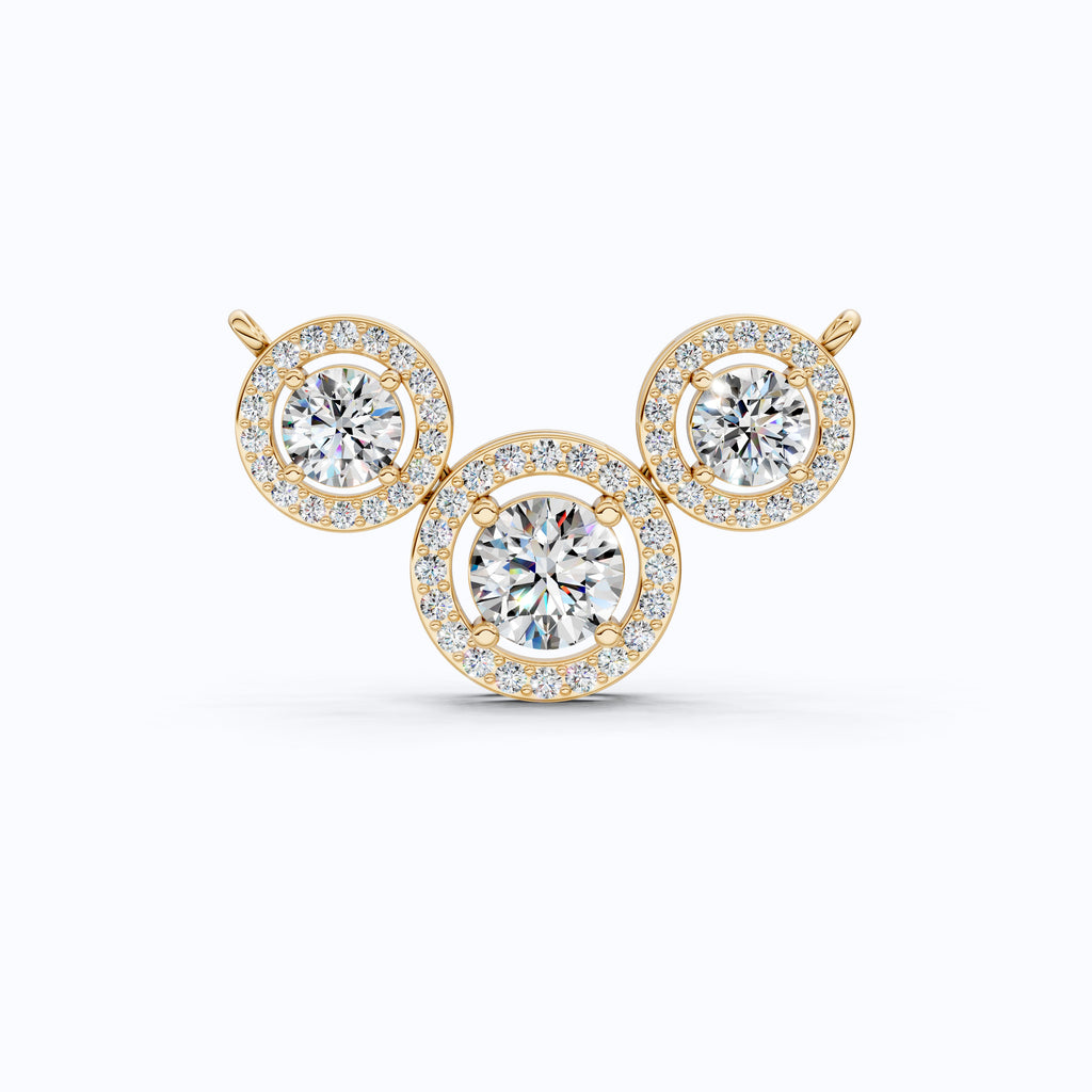 Modern Three Stone Round Halo Wedding Pendant in Lab Grown Diamond-14k Solid Gold, Anniversary Gift, Handmade Jewelry