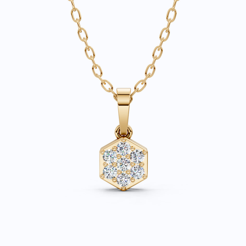 Contemporary Hexagon Seven-Stone Cluster Pendant in Lab Diamond 14k Solid Gold, Anniversary Gift For Her, Everyday Jewelry