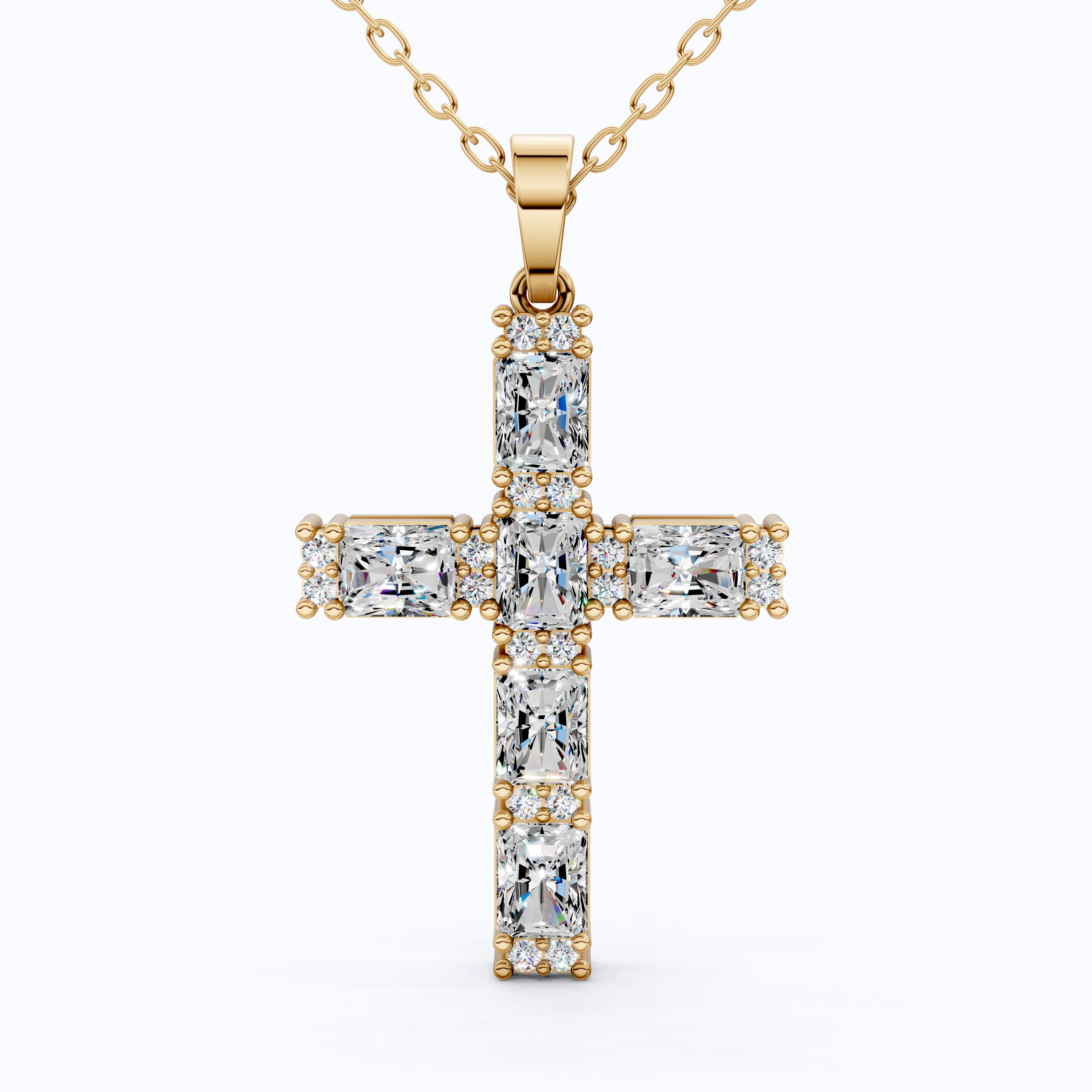 Faith Symbol Radiant Halo Cross Pendant in 14k Solid Gold, 2.18 TCW Radiant/Round Cut Lab Diamonds, Jesus Cross Gift for Women