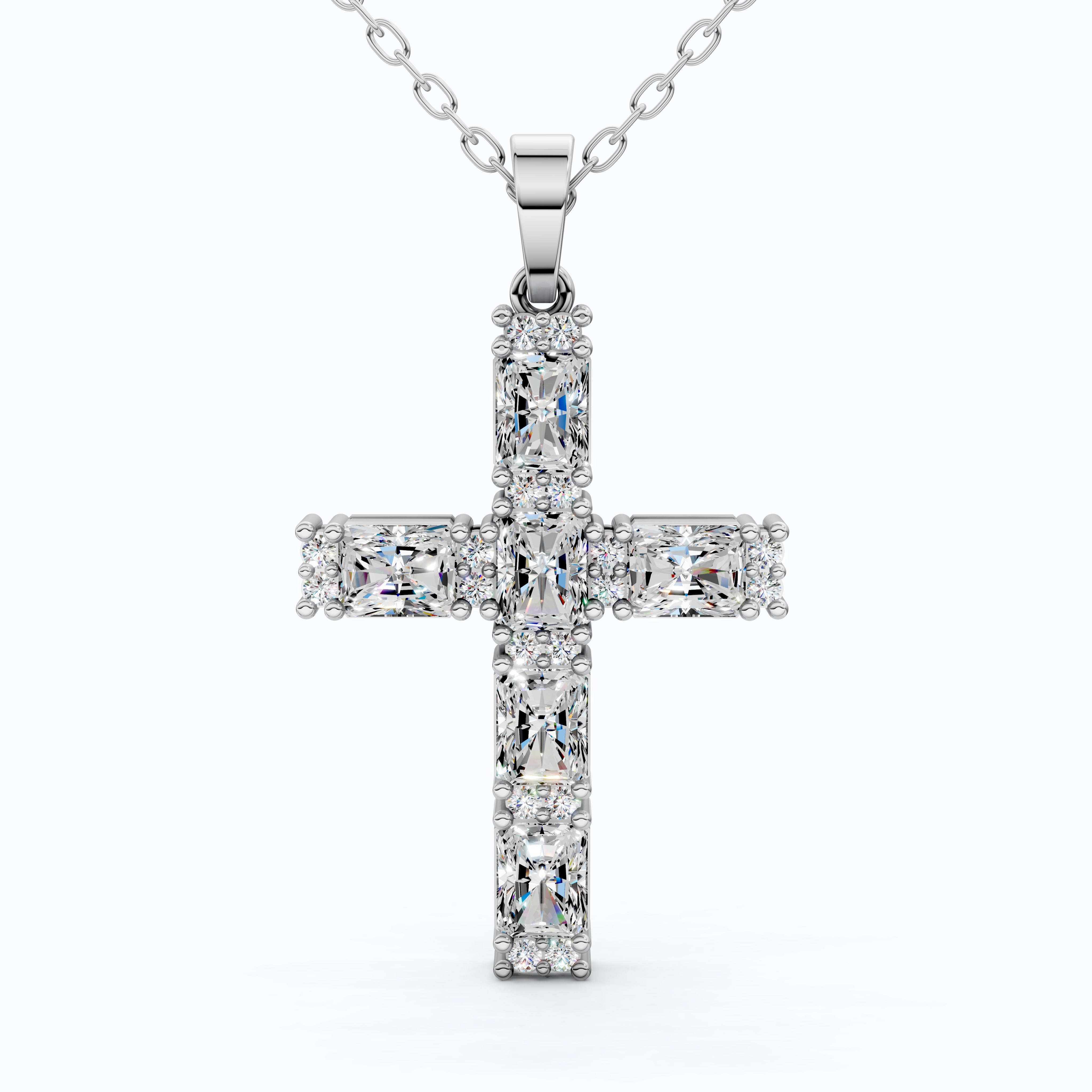 Faith Symbol Radiant Halo Cross Pendant in 14k Solid Gold, 2.18 TCW Radiant/Round Cut Lab Diamonds, Jesus Cross Gift for Women