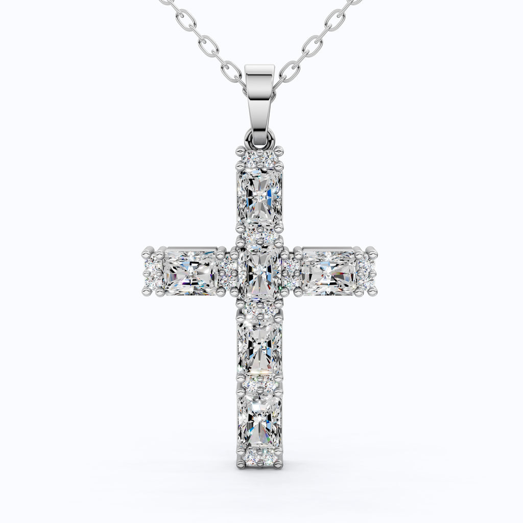 Faith Symbol Radiant Halo Cross Pendant in 14k Solid Gold, 2.18 TCW Radiant/Round Cut Lab Diamonds, Jesus Cross Gift for Women