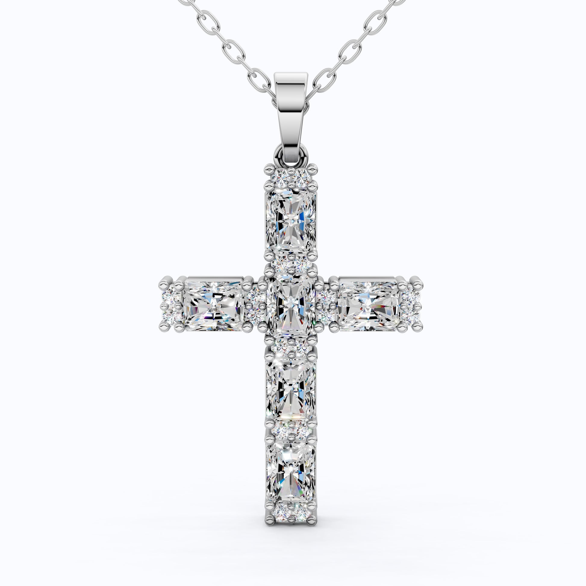 Faith Symbol Radiant Halo Cross Pendant in 14k Solid Gold, 2.18 TCW Radiant/Round Cut Lab Diamonds, Jesus Cross Gift for Women