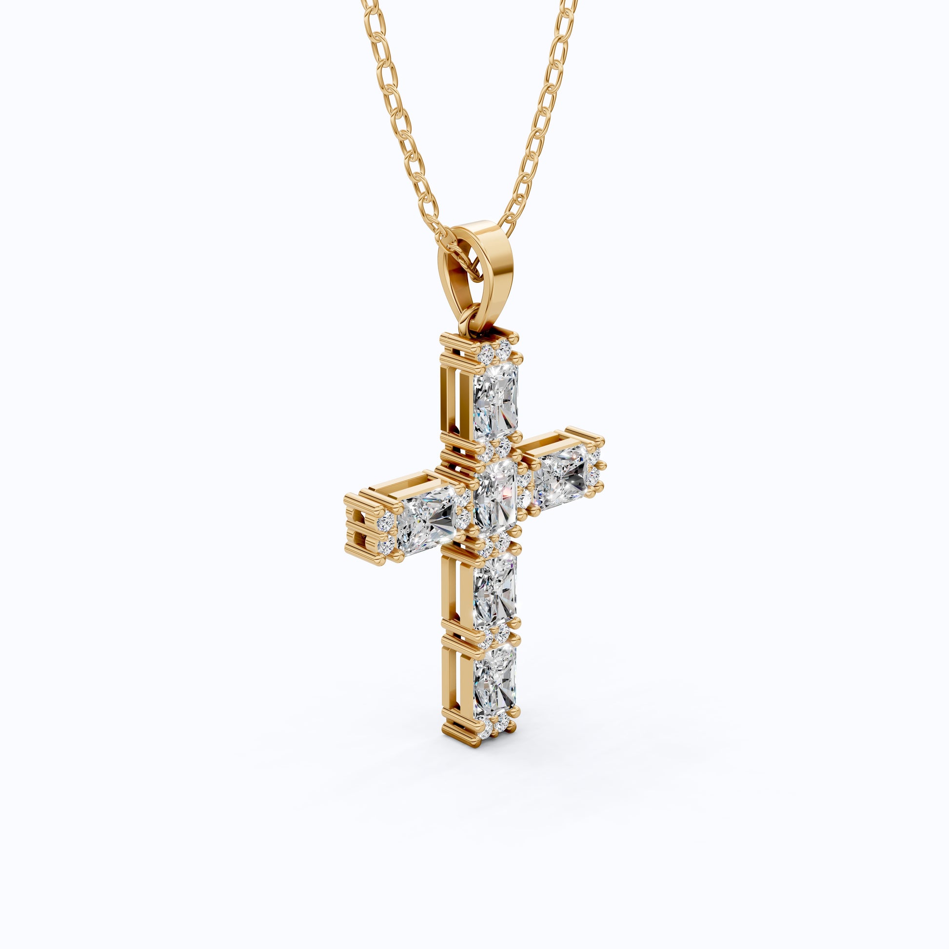 Faith Symbol Radiant Halo Cross Pendant in 14k Solid Gold, 2.18 TCW Radiant/Round Cut Lab Diamonds, Jesus Cross Gift for Women
